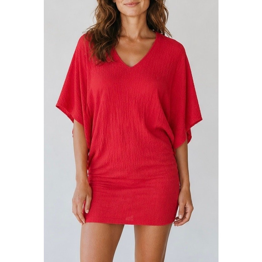 GINGER Sz M Mini Dress Batwing Dolman Sleeve Embroidered Crepe Orange Red
