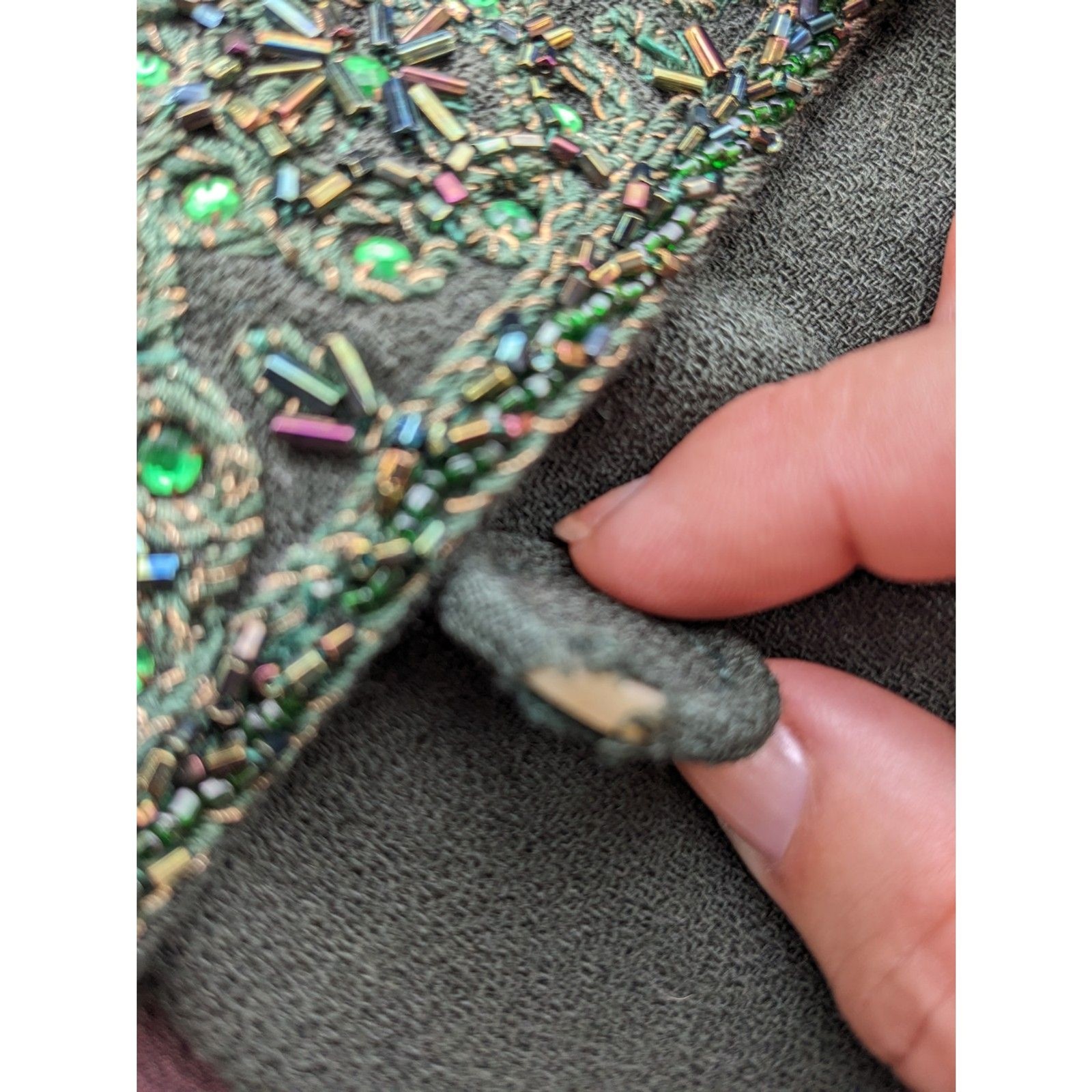 VTG 30s/40s Benham Original Beaded & Crystal Embellished Green Wool Jacket, Sz 8