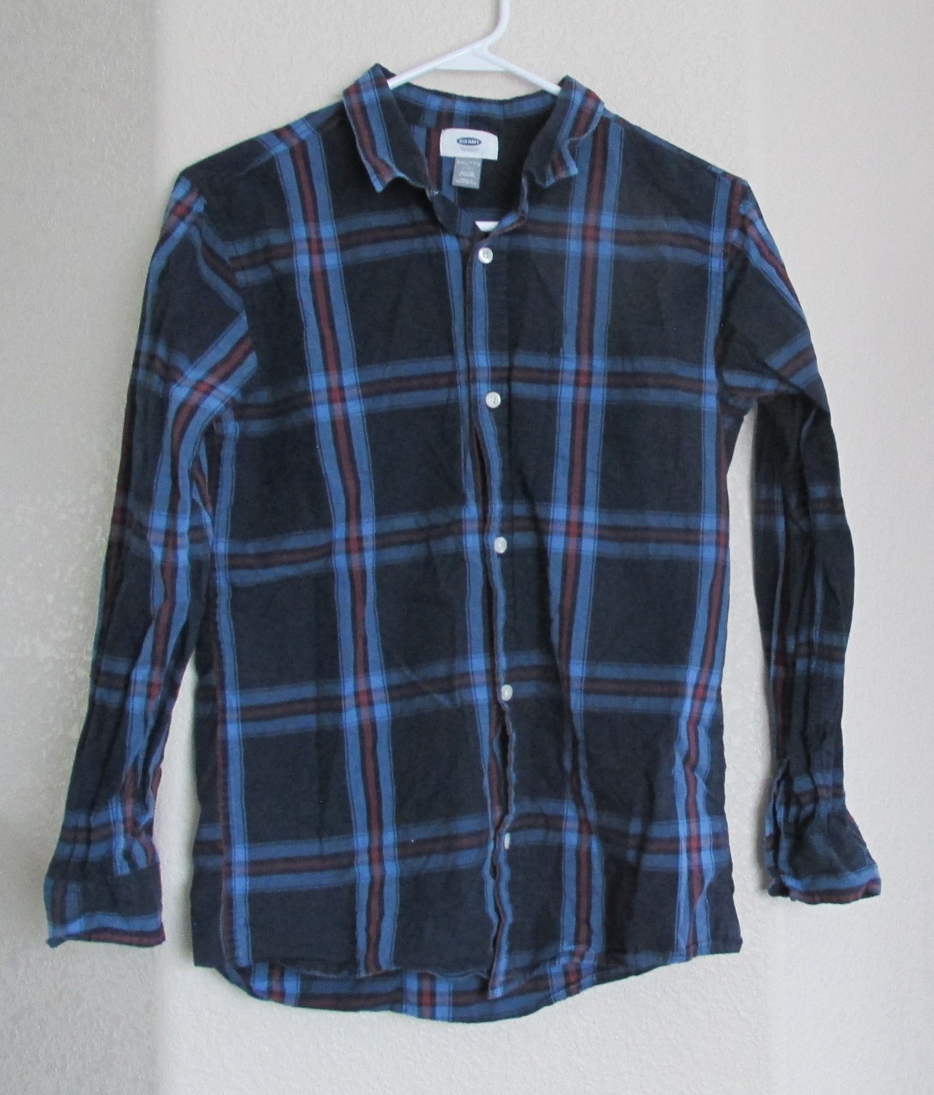 Old Navy Button Front Dress Shirt Youth Boys XXL 18 Reg Blue Plaid Long Sleeve