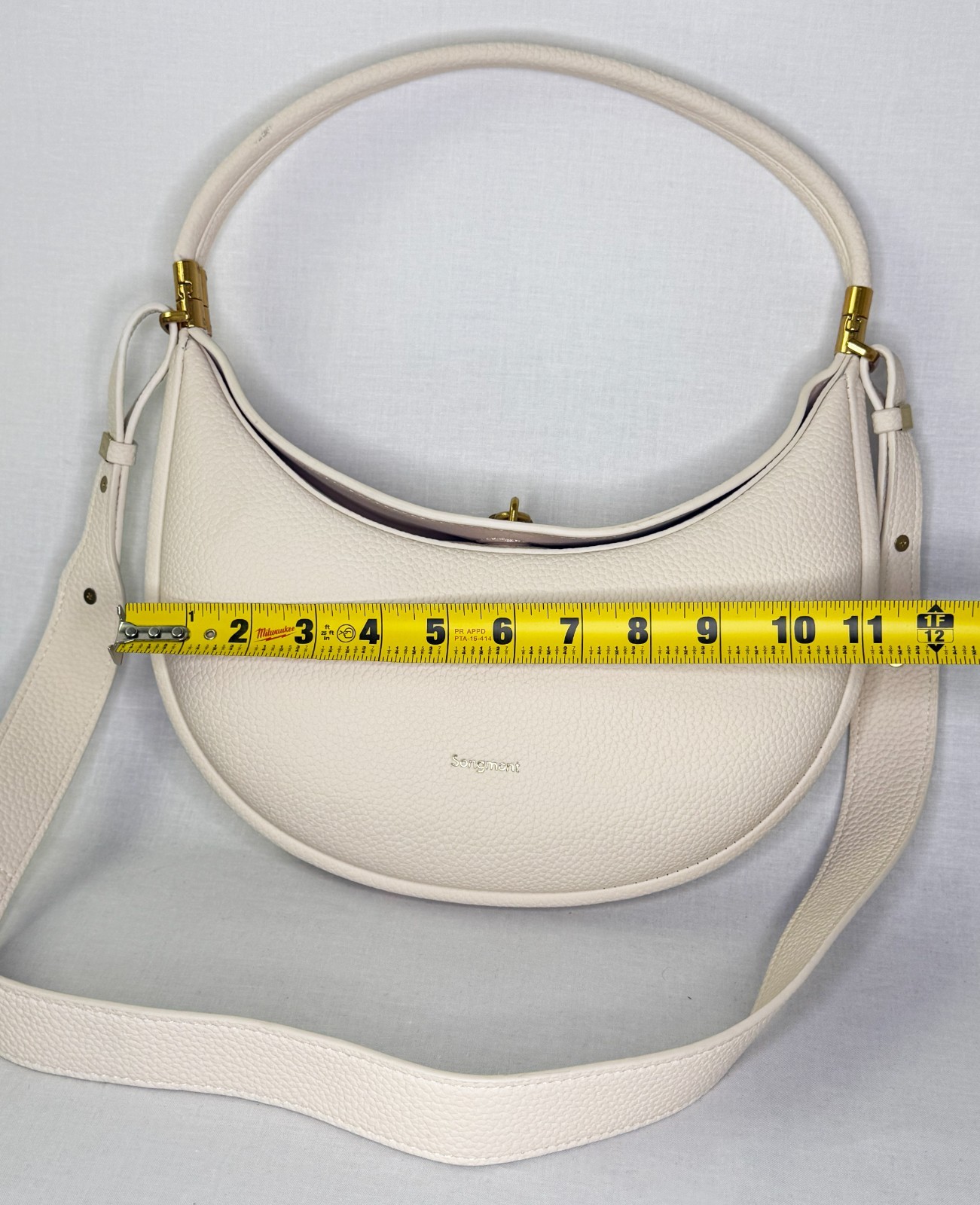 Songmont Pebbled Leather Crescent Hobo Bag Cream Ivory Crossbody Shoulder Purse