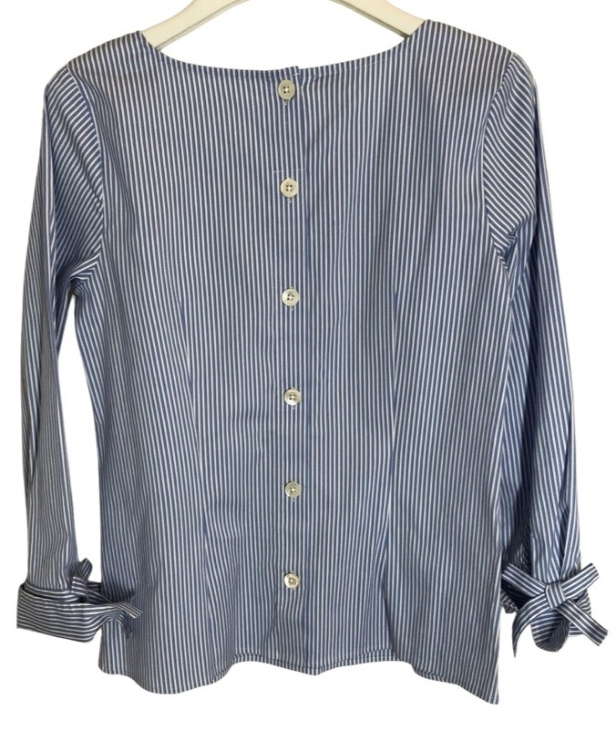 Talbots Petite Bow Accent Top P S Blue White Stripe French Cuff Button Closure