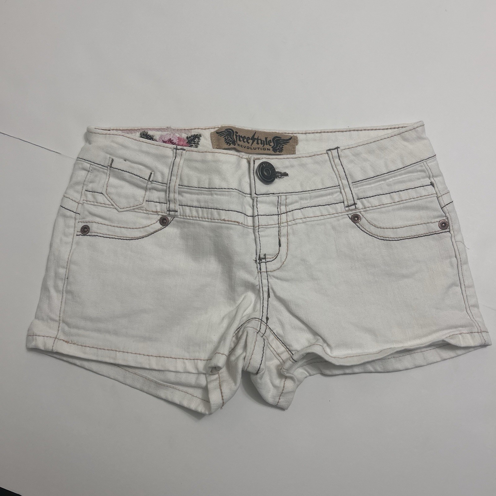 Y2K Freestyle Revolution White Denim Jean Mini Shorts Rose Embroidered Juniors 1