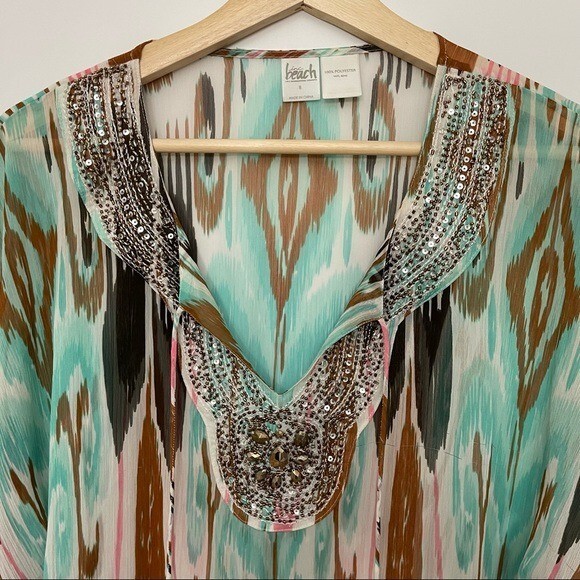 Beach Inc Boho Beaded Sheer Top Swim Cover Up Resort Wear Tan Turquoise Vacay S