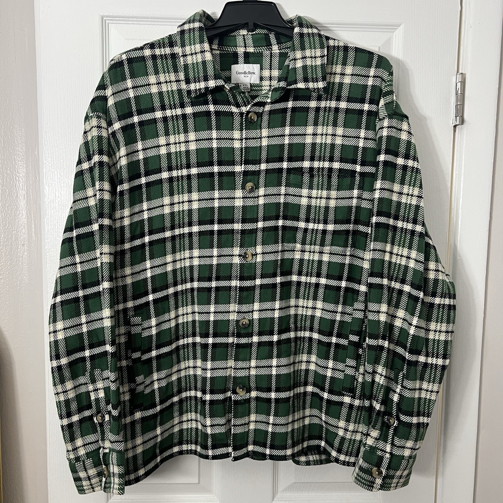 Goodfellow & Co Men’s 2XL Green White Plaid Flannel Button Front Shirt Jacket