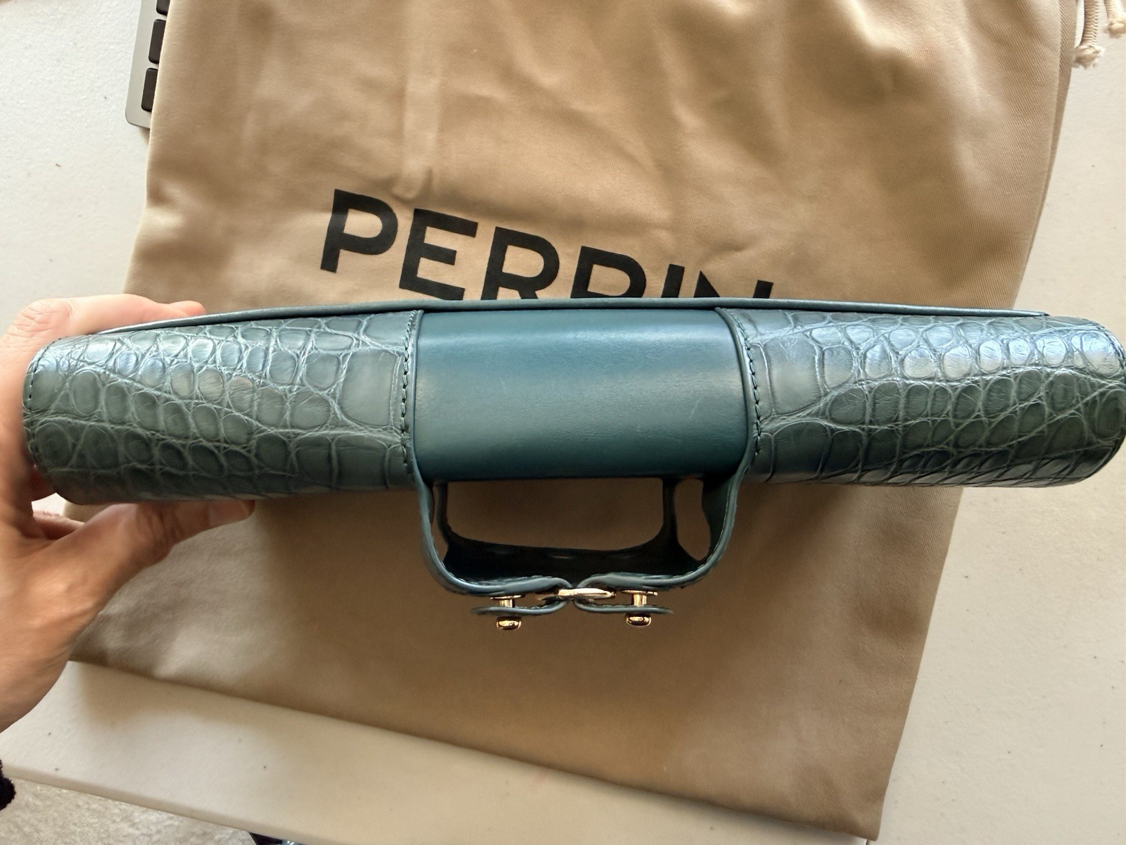 Perrin Paris Box Clutch Teal Croc Embossed Leather CAB5BOXCROG $3950 Retail