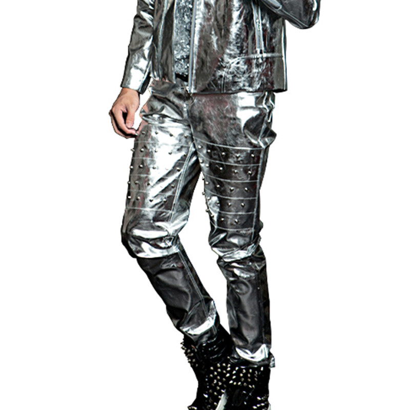 Metallic Men Faux Leather Studded Pants Party Nightclub Trousers Wet Look Shiny
