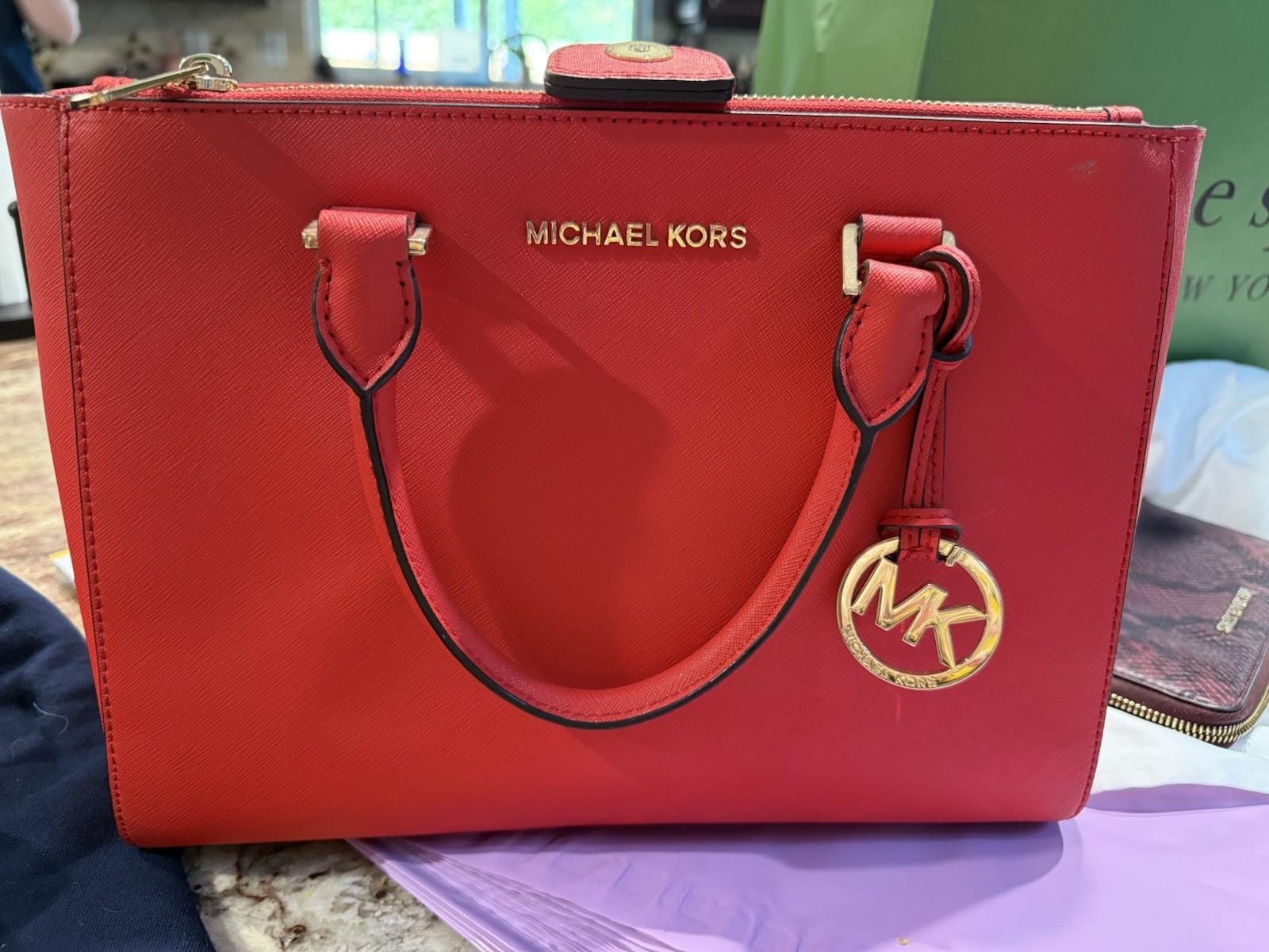 Michael Kors Coral Saffiano Leather Satchel Tote Handbag Gold Hardware Dust Bag