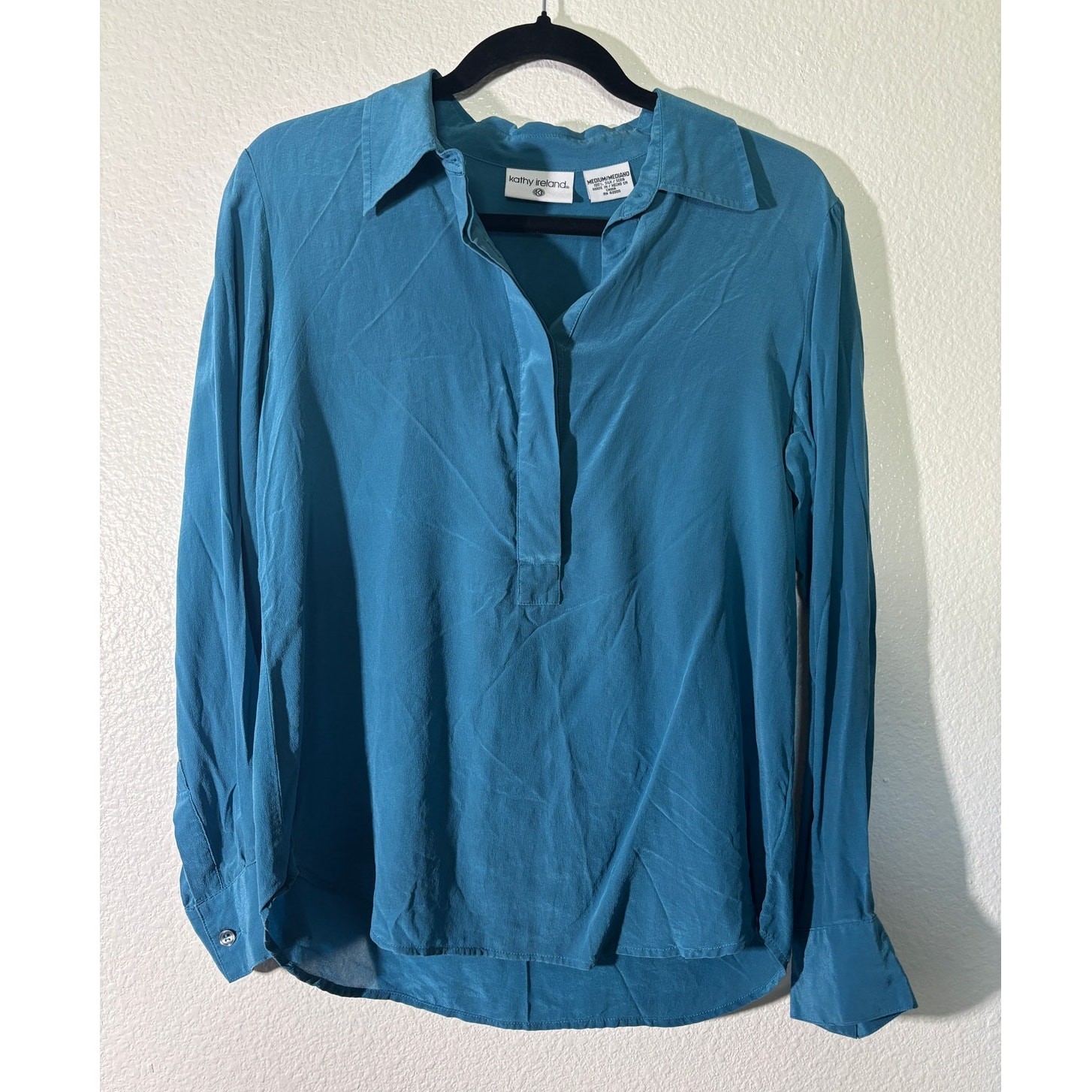 Kathy Ireland Women’s Size M Silk Collared Popover Long Sleeve Teal Blouse 90s