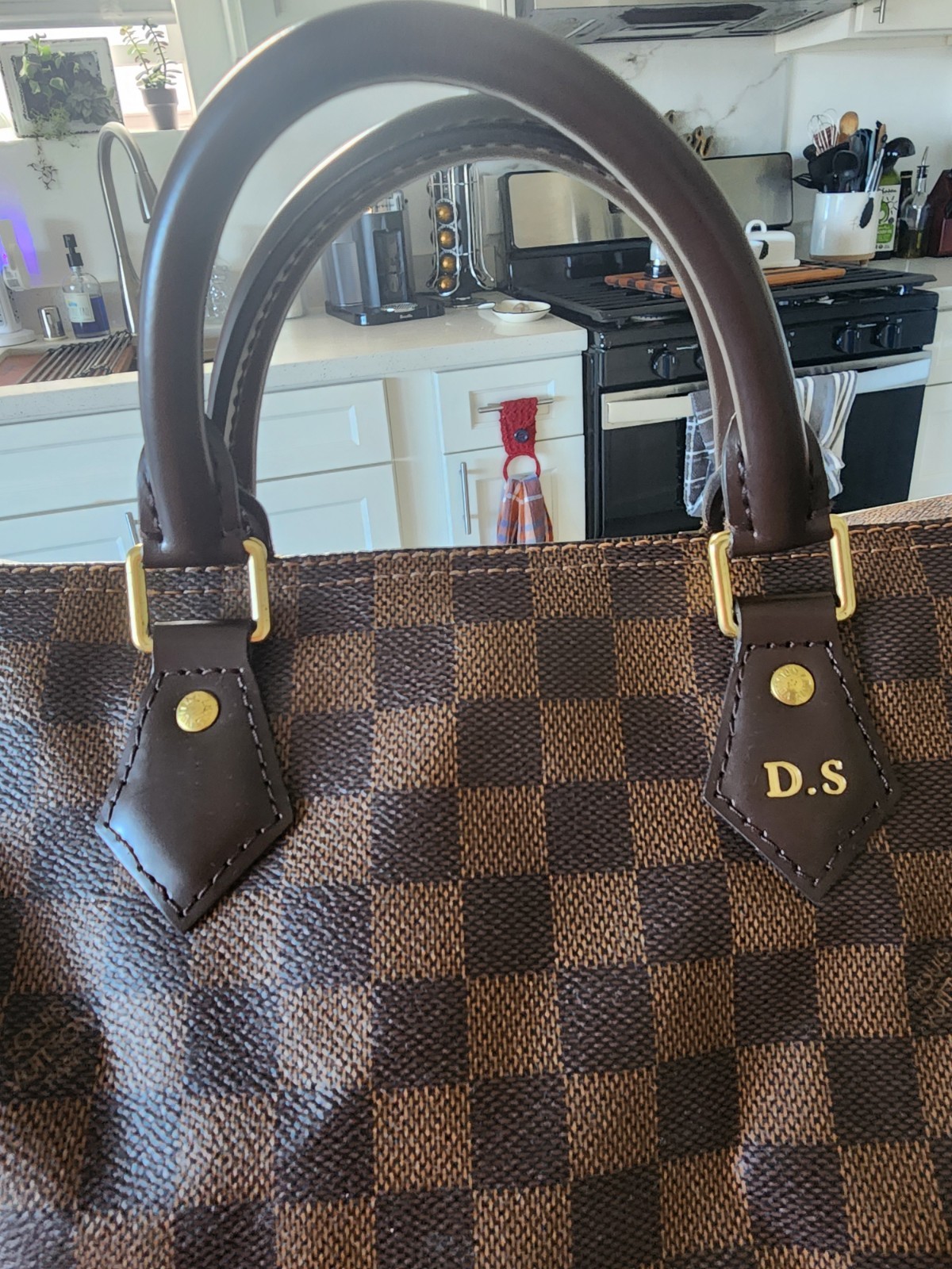 Louis Vuitton Damier Brown Top Handle Bag Red Interior Hot Stamped Initials