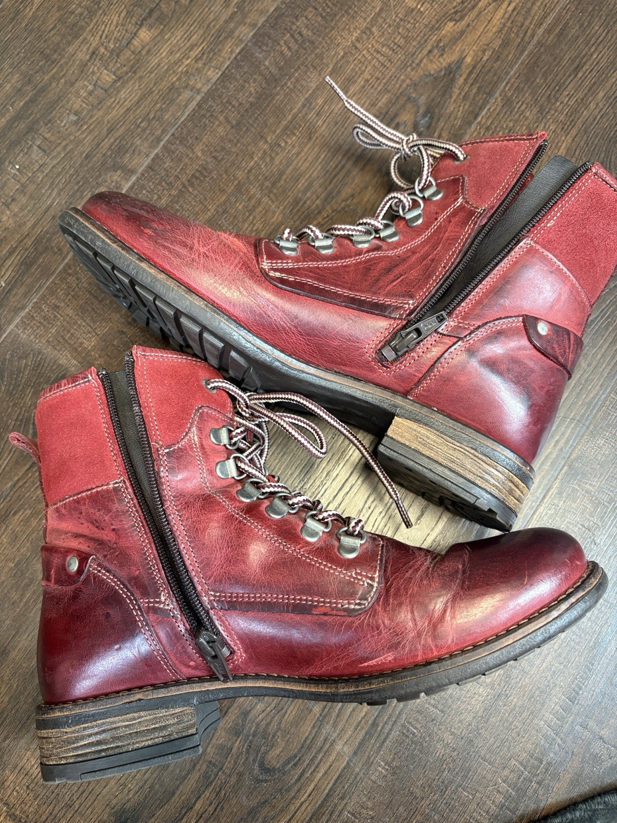 Taos Ringer Womens Red/Burgundy Leather LaceUp Side Zip Ankle Combat Boots 8/8.5