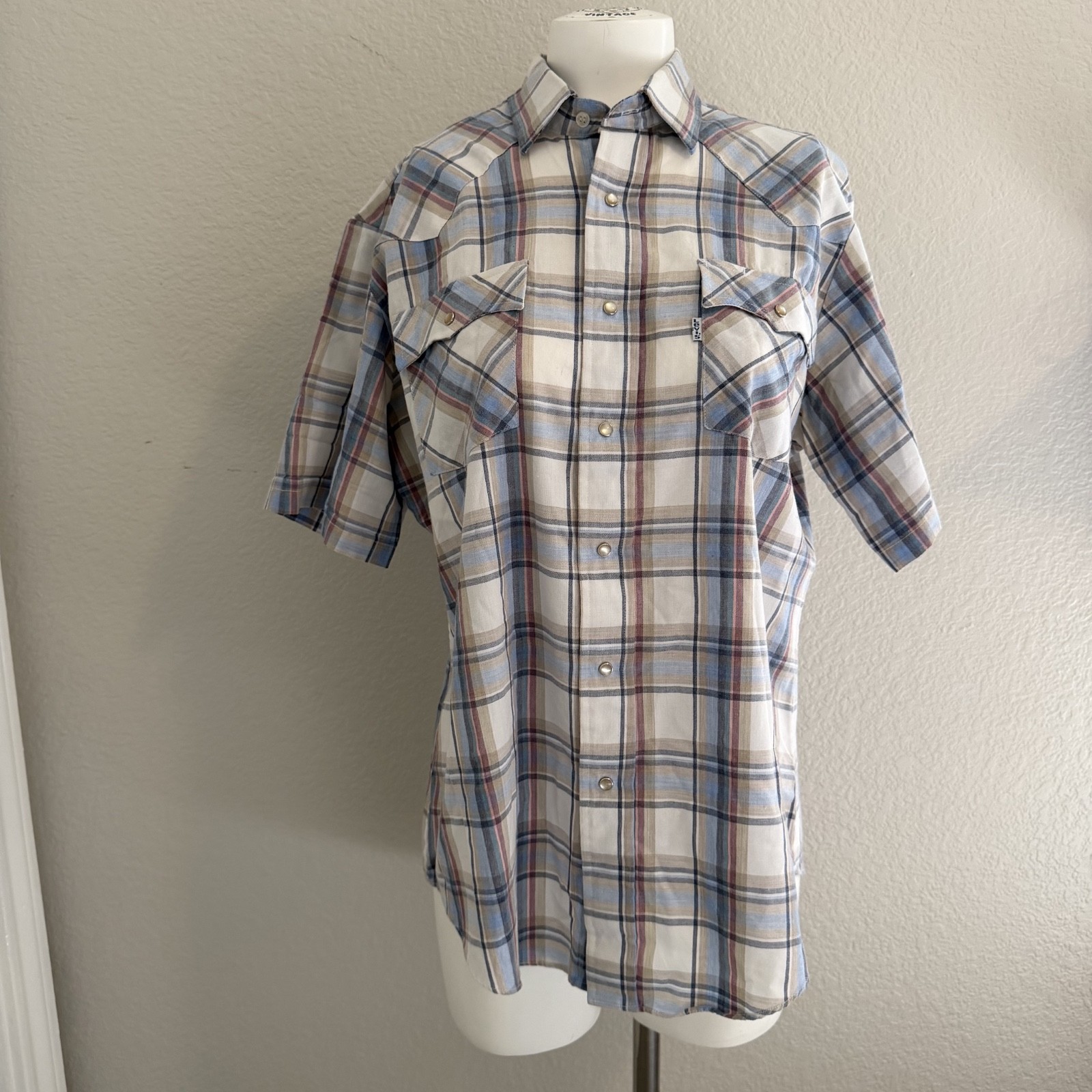 Vintage Levis Shirt Mens Large Plaid Western Pearl Snap Short Sleeve 70s