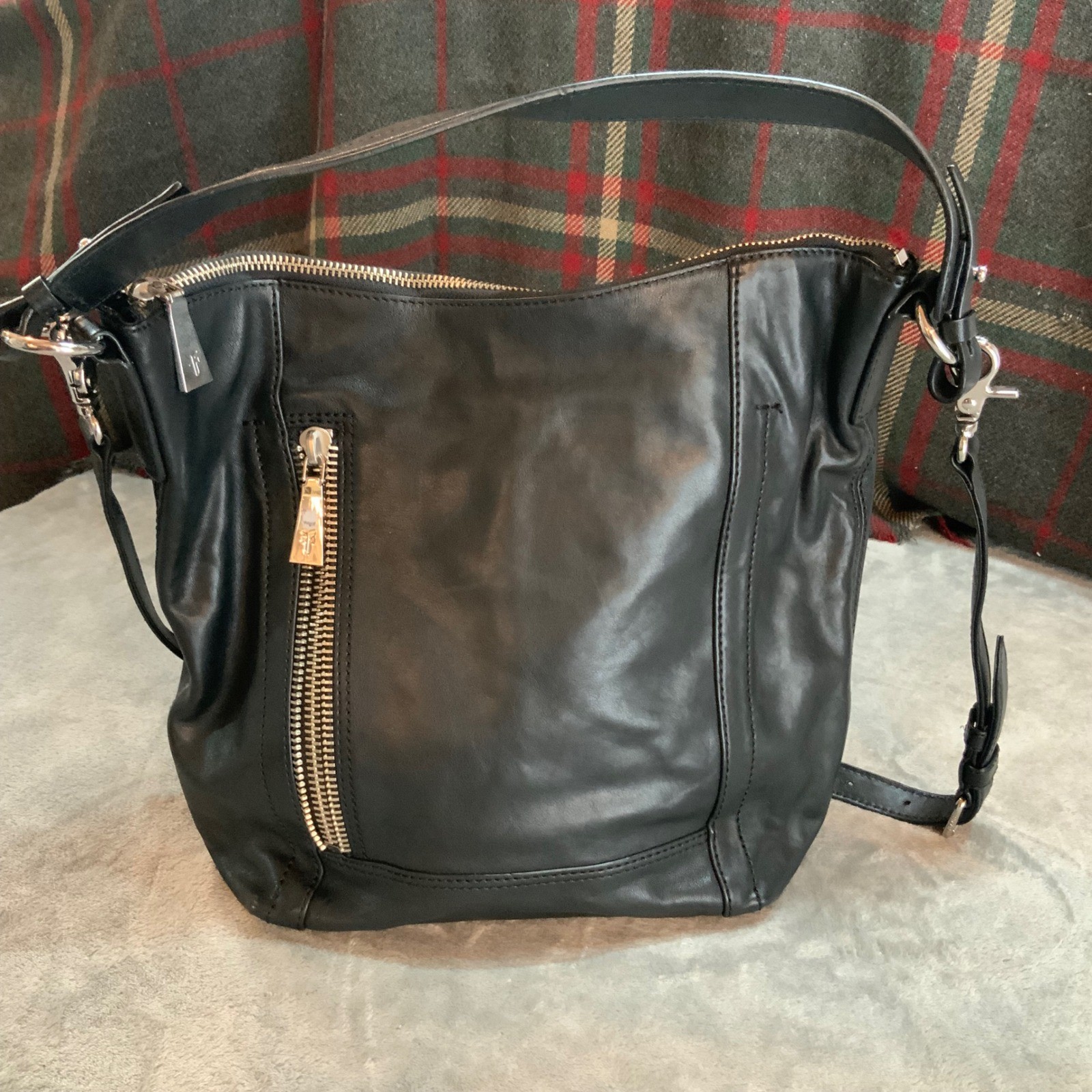 Frye Lena Zip Hobo Black Leather Crossbody Shoulder Bag Handbag 12×13.5in