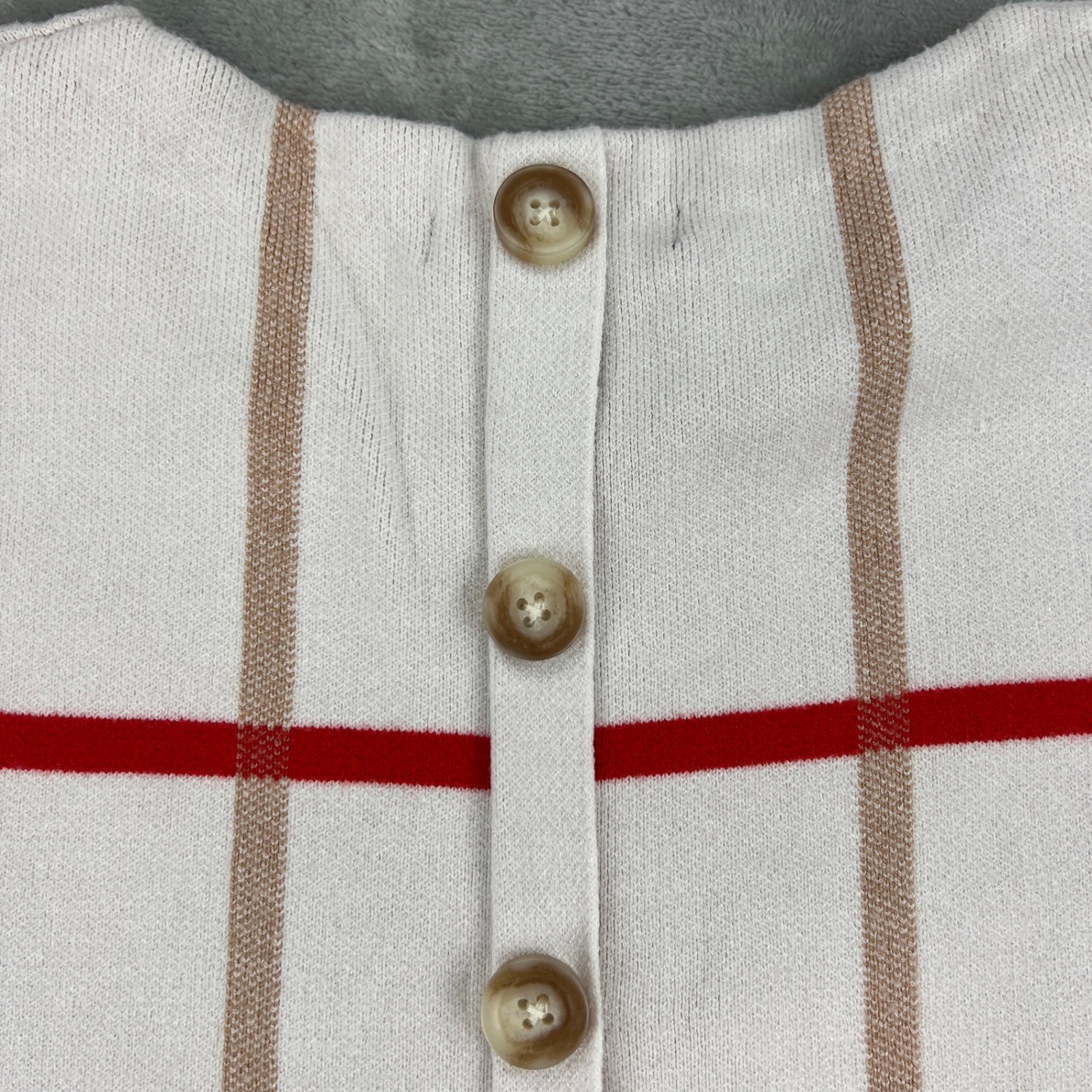 Tahari Women White Windowpane Plaid Button Back Knit Sweater Red Tan Small