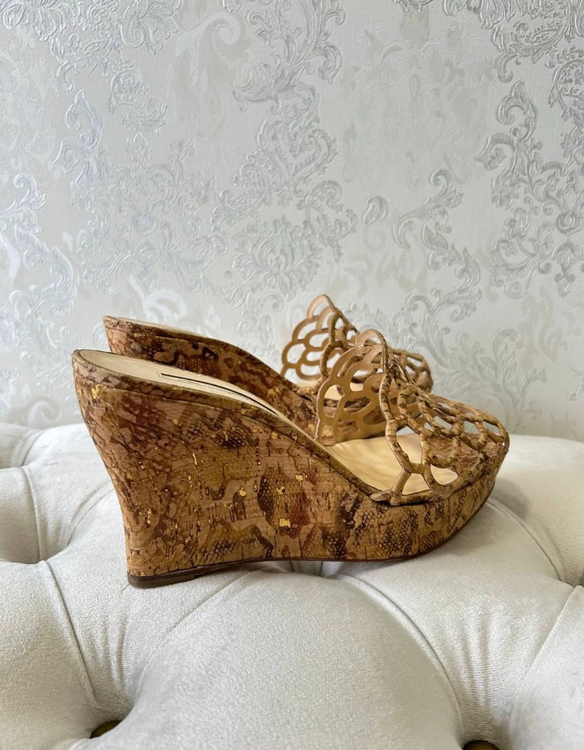 Oscar de la Renta Cork Wedge Sandals Mules Cutout Gold Fleck EU 40 US 10