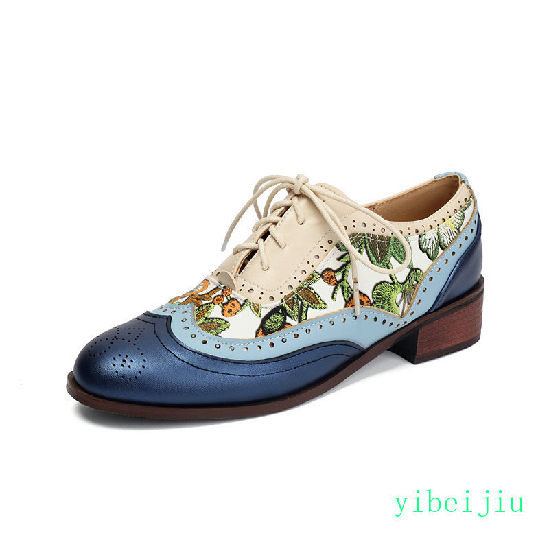 Women’s Ethnic Oxfords Colorblock Patchwork Shoes Floral Two Tone Low Heel Pumps
