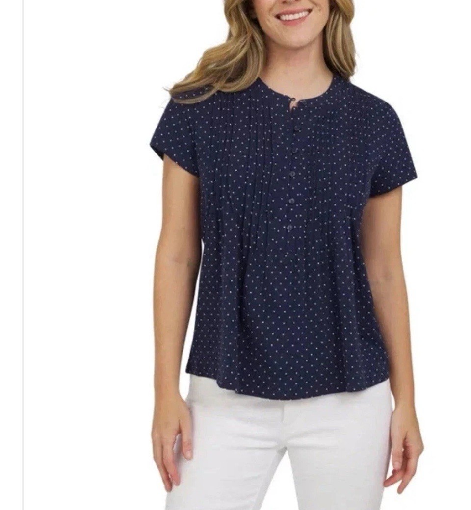 Lands’ End Women’s Navy Polka Dot Pintuck Knit Henley Top, Short Sleeve, Size S.