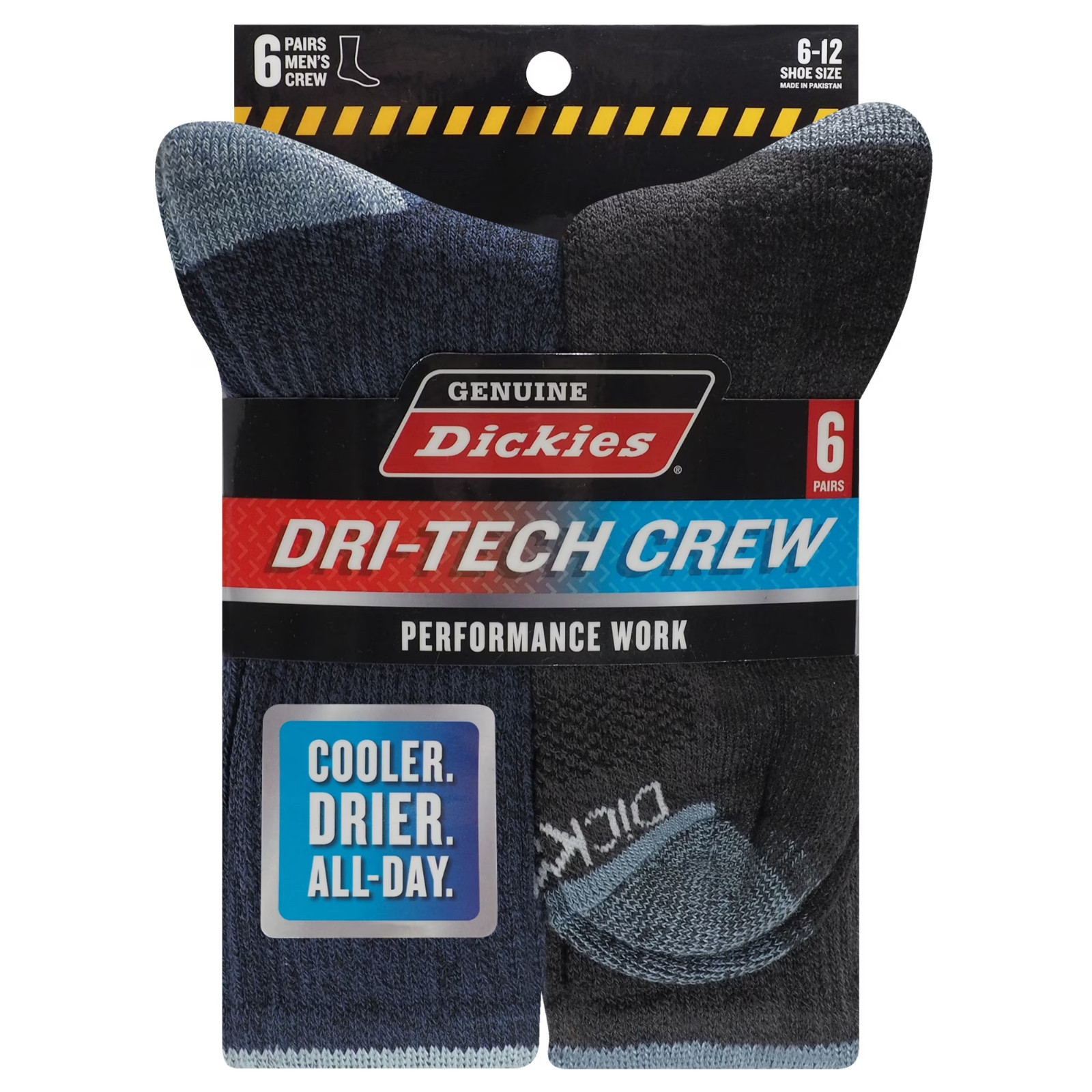 6 Pack Genuine Dickies Mens Dritech Crew Socks Moisture Control Black Size 6-12