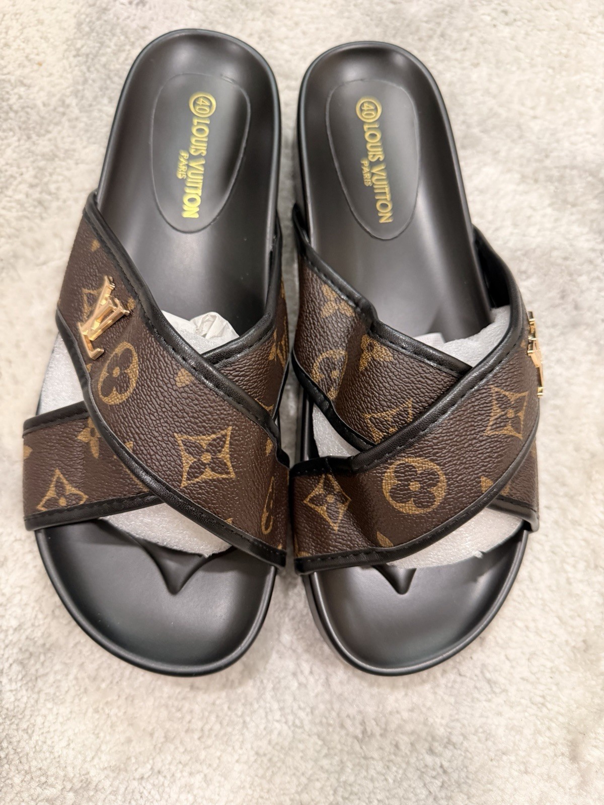 Louis Vuitton Women’s Monogram Logo Slide Sandals Brown/Black Gold EU 40