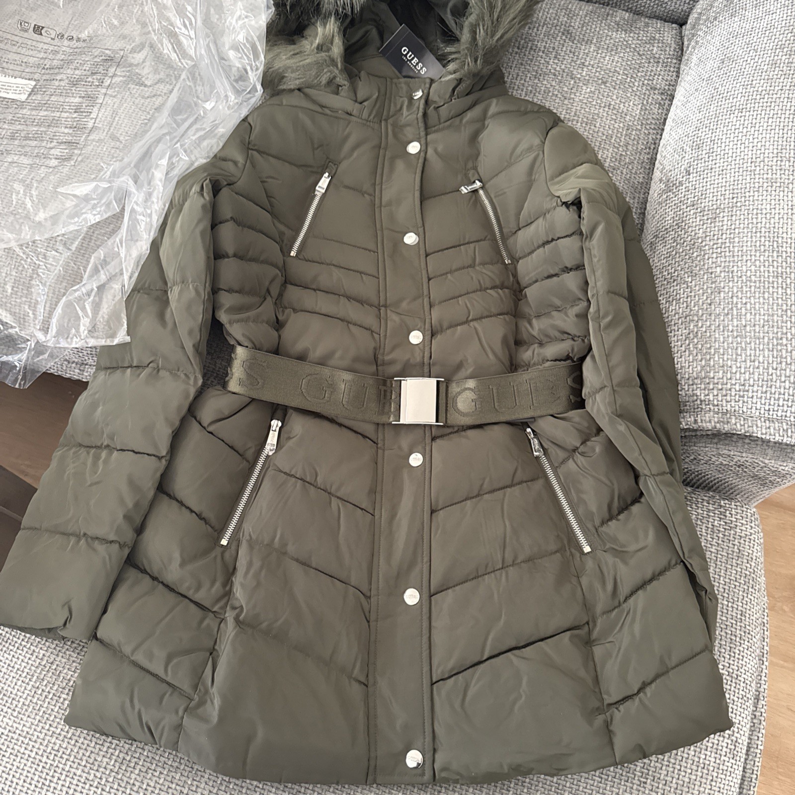 Guess Women’s Olive Morning Stevie Hooded Puffer Coat Size L