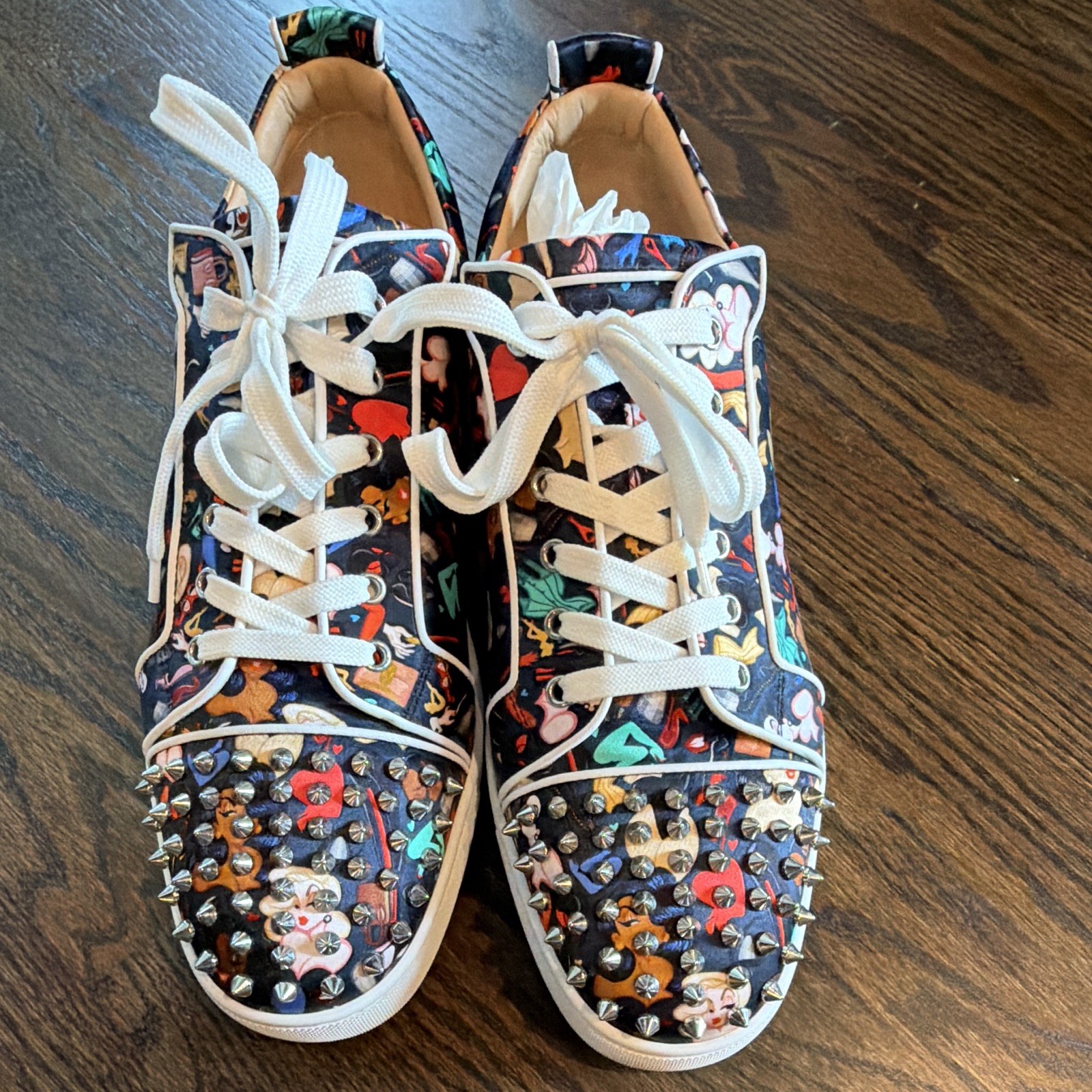 Christian Louboutin Men’s Low-Top Lace-Up Spiked Sneakers Multicolor Red Sole