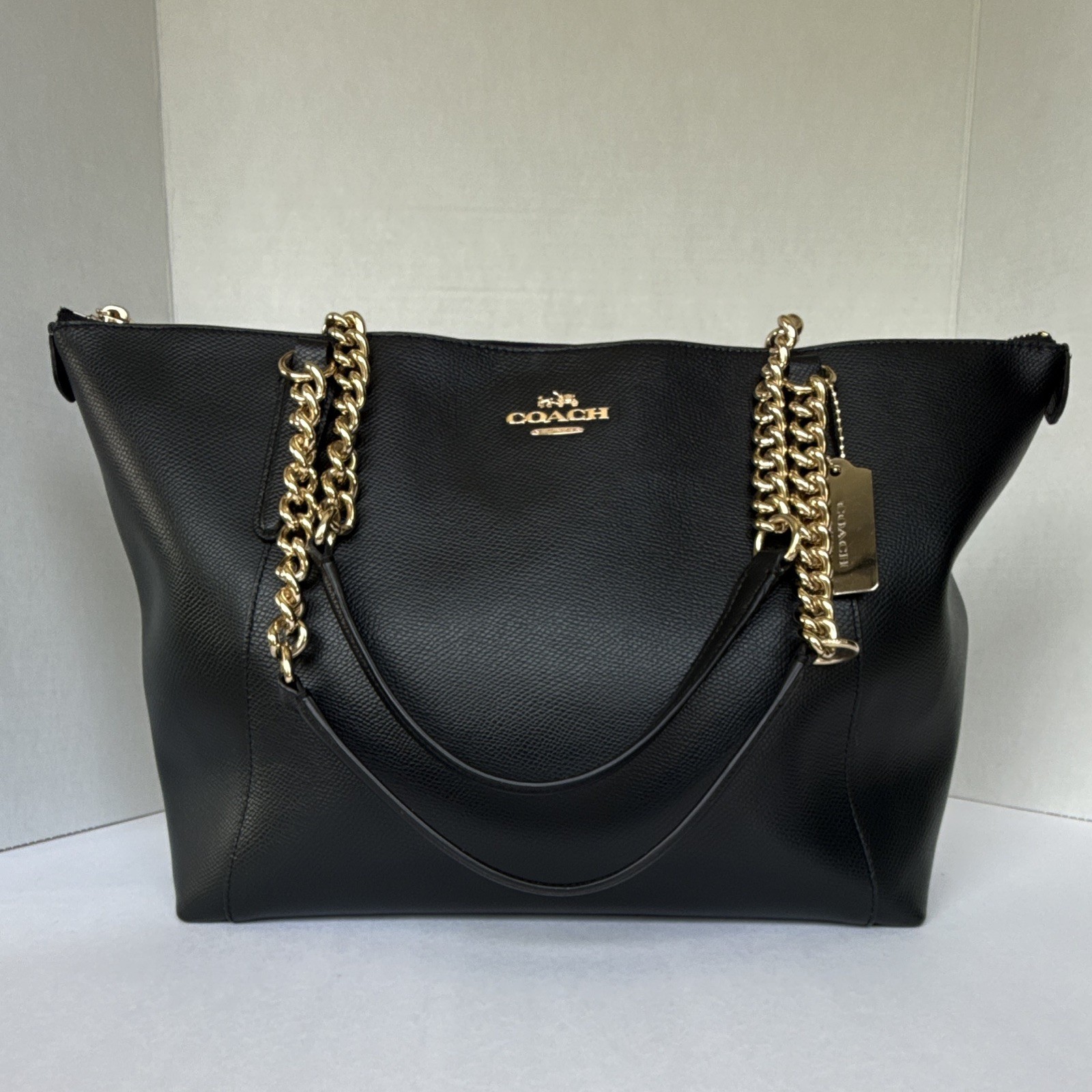 COACH Women’s Black Crossgrain Ava Tote Shoulder Bag Gold Hardware Chain