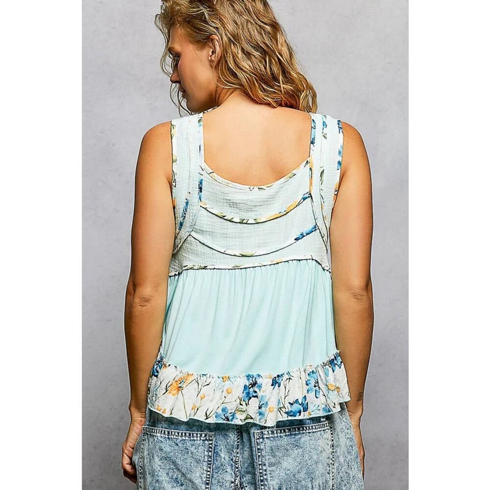 POL Square Neck Jersey Floral Trim Boho Tank Top – Pale Sky