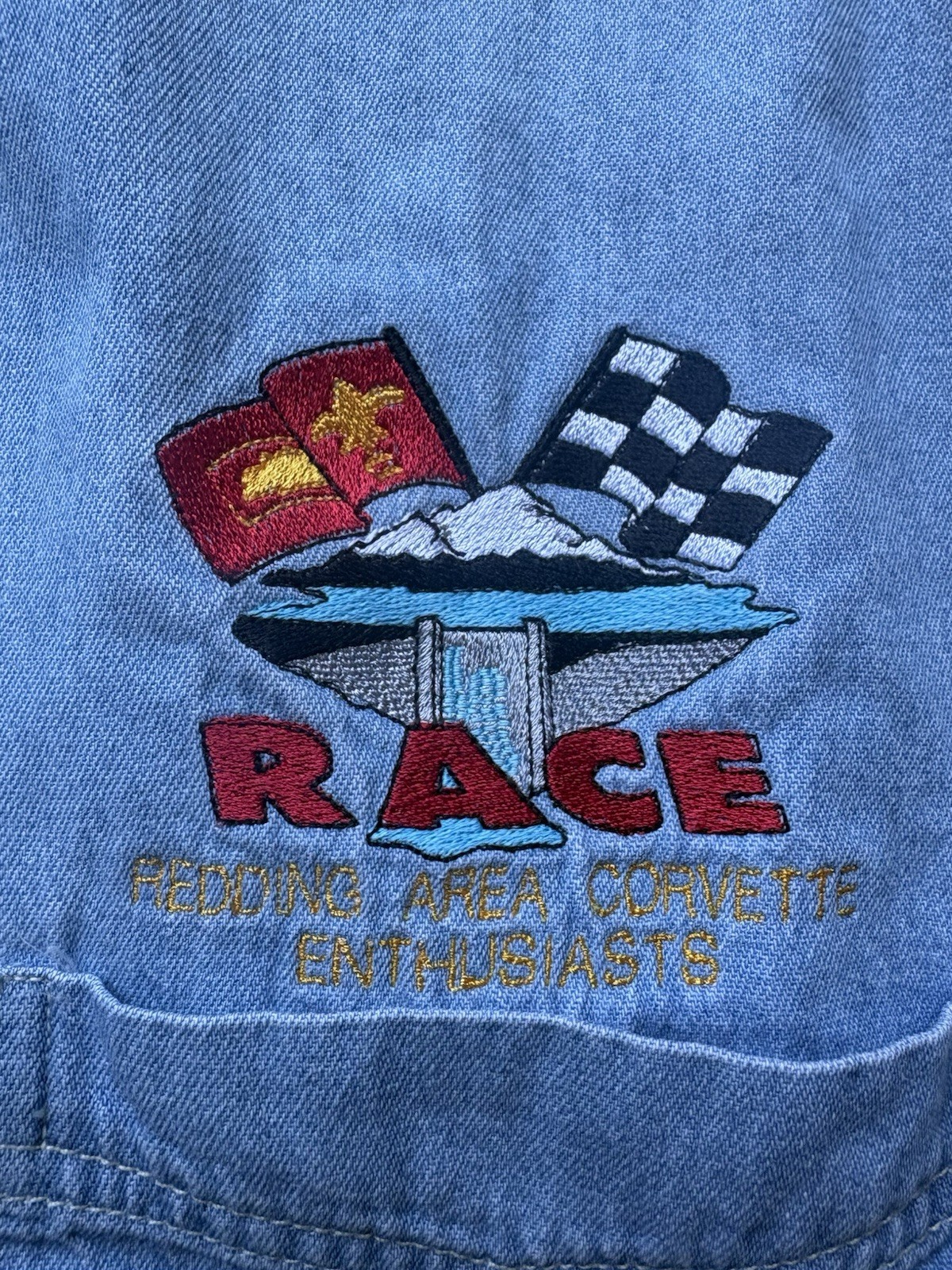 Vintage Corvette Racing Redding Enthusiasts Denim Button Down Shirt Mens XL