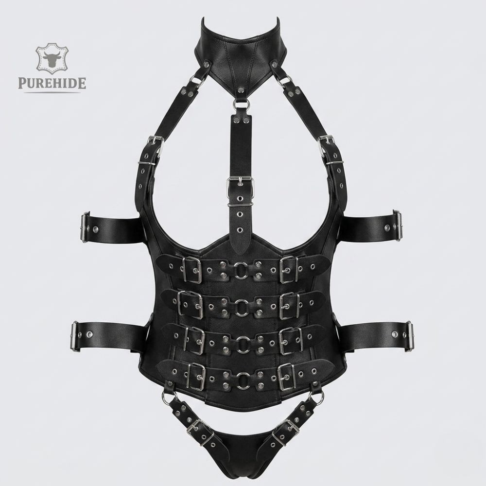 Women’s Genuine Leather Buckle Corset Harness with Collar and Arm Cuffs