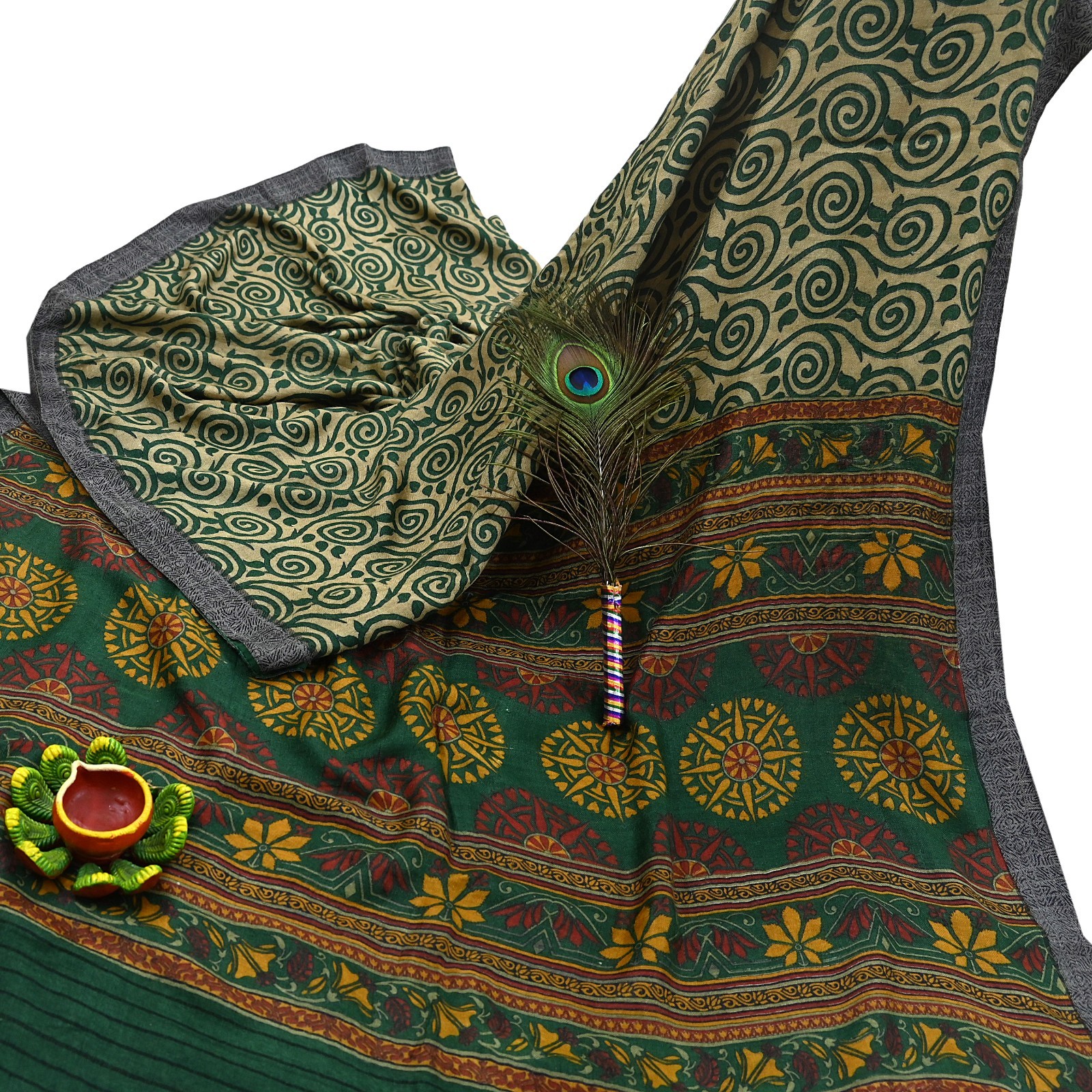 Vintage Beige Green Wool Saree Indian Pure Wool Floral Woven Fabric 6 Yard Soft
