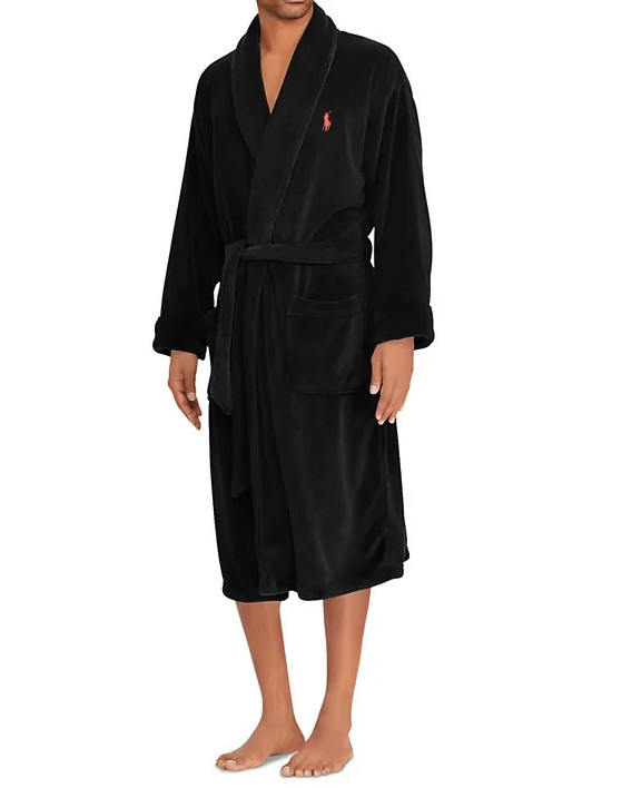 NWT Polo Ralph Lauren SOLID BLACK Cotton Velour 48″ Robe Men’s L/XL RED PONY