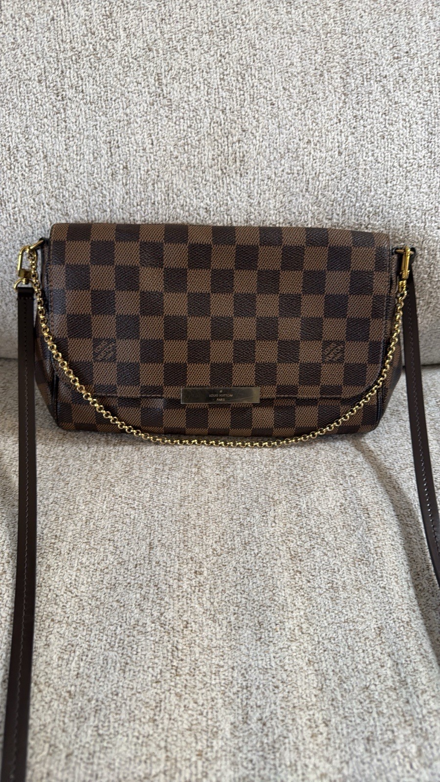 Louis Vuitton Damier Ebene Favorite MM Crossbody Chain Strap Brown Gold Box