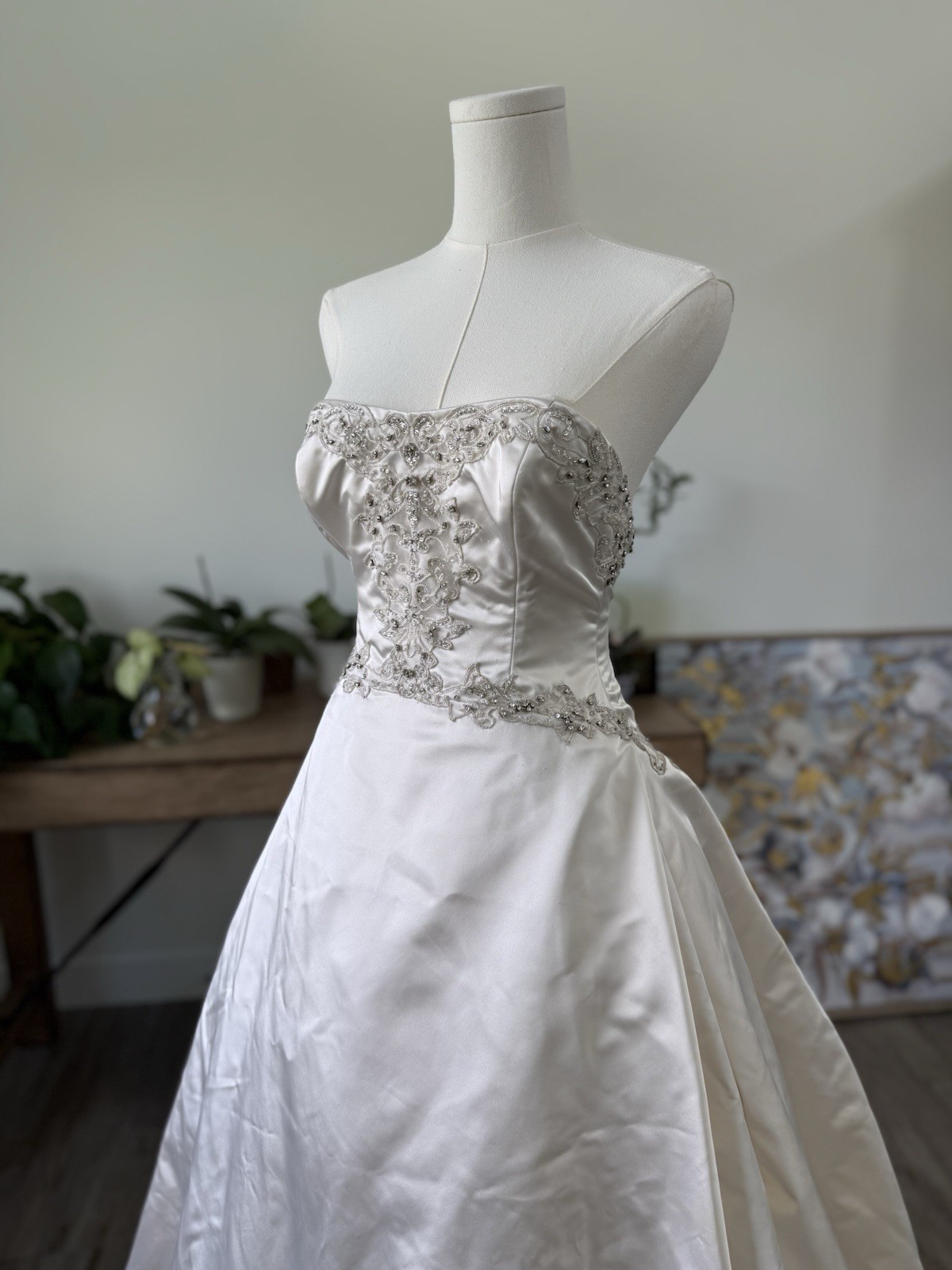 Kenneth Pool Strapless Beaded Satin Ball Gown Wedding Dress Corset Back Train