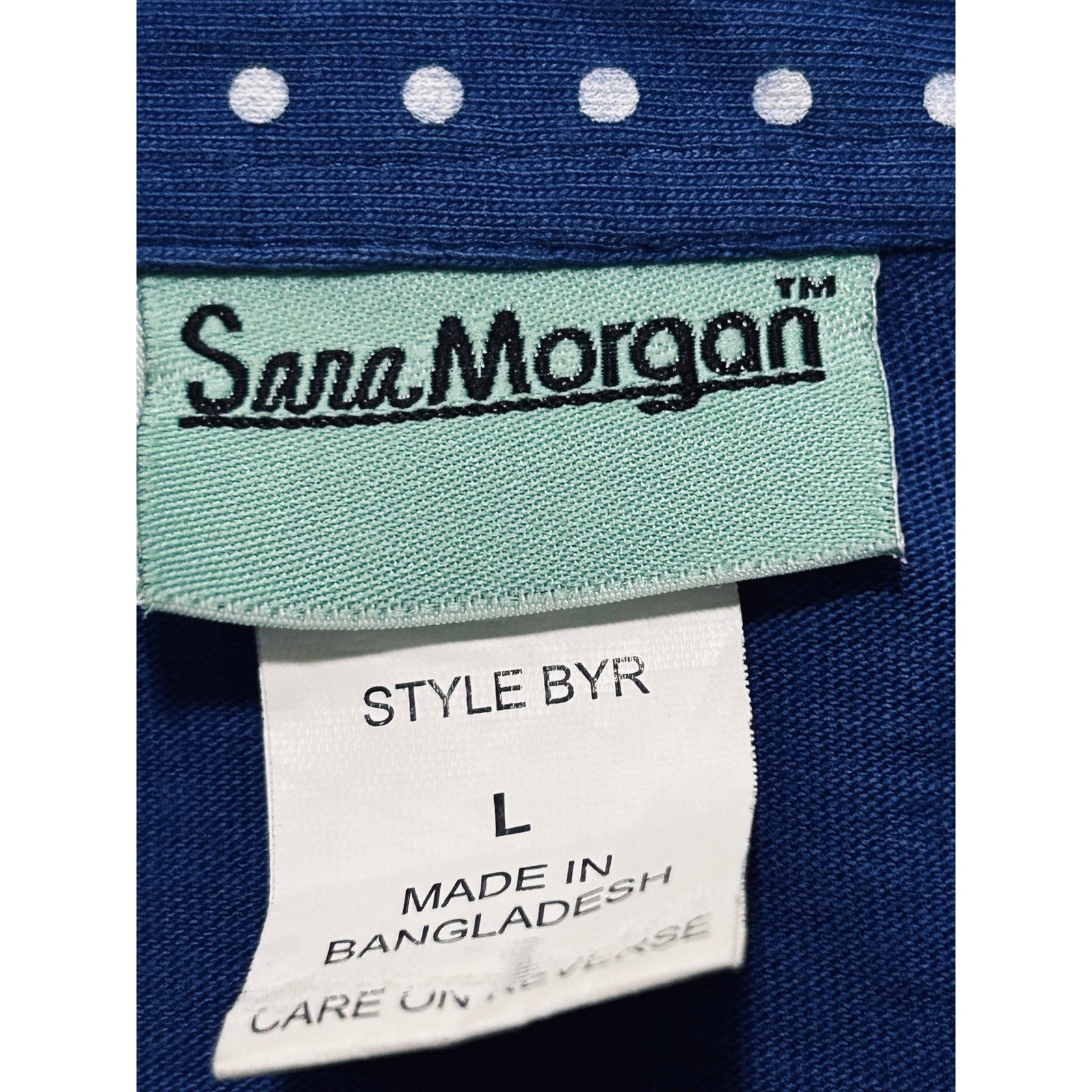 Sara Morgan Blue Polka Dot Henley Blouse Roll Tab Sleeve Large BYR
