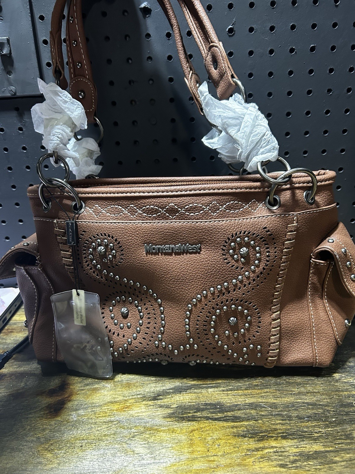 Montana West Brown Studded Pebbled Satchel Top Handle Zip Lined Pockets Strap