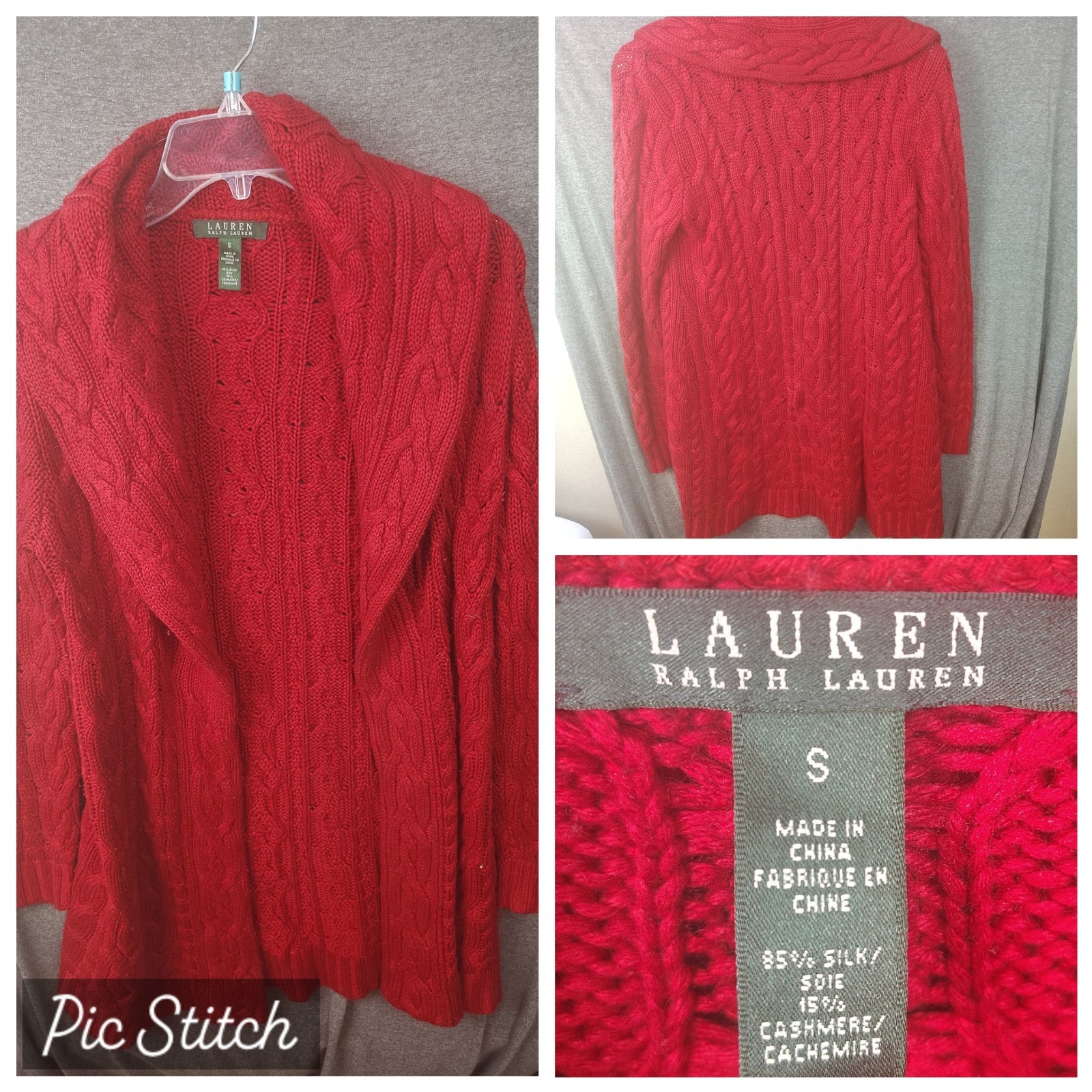 Lauren Ralph Lauren Red Cable Knit Cardigan Sweater S Silk & Cashmere Blend