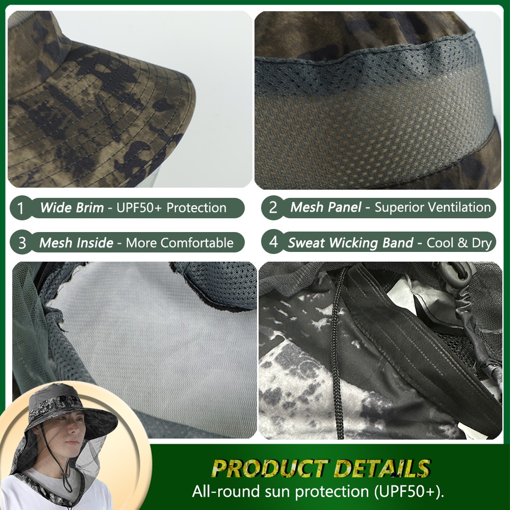 Mosquito Head Net Hat with Neck Flap Wide Brim Sun Protection Cap Hiking Fishing