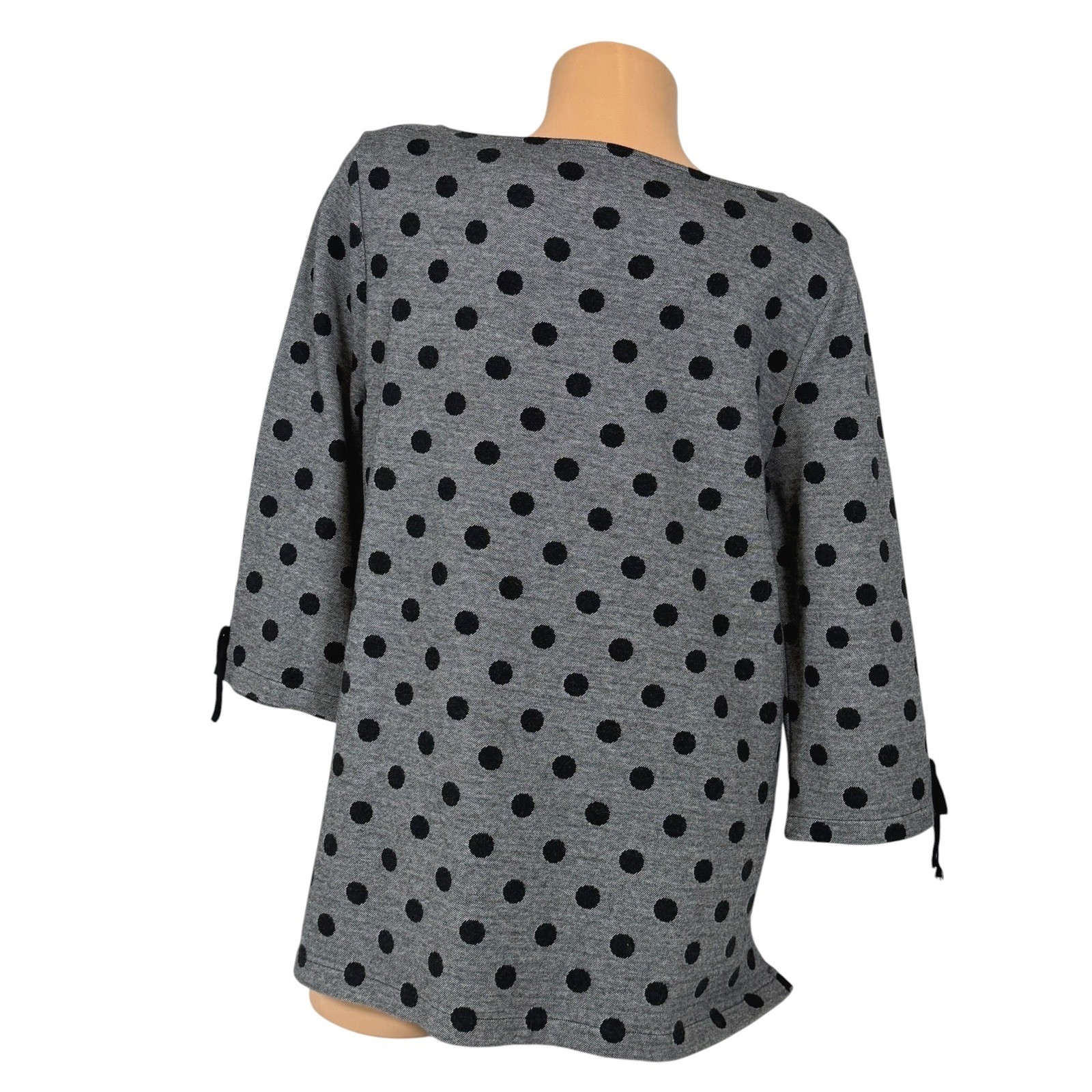 Talbots Womens Size Large Gray Black Polka Dot 3/4 Sleeve Tie Cuff Knit Top
