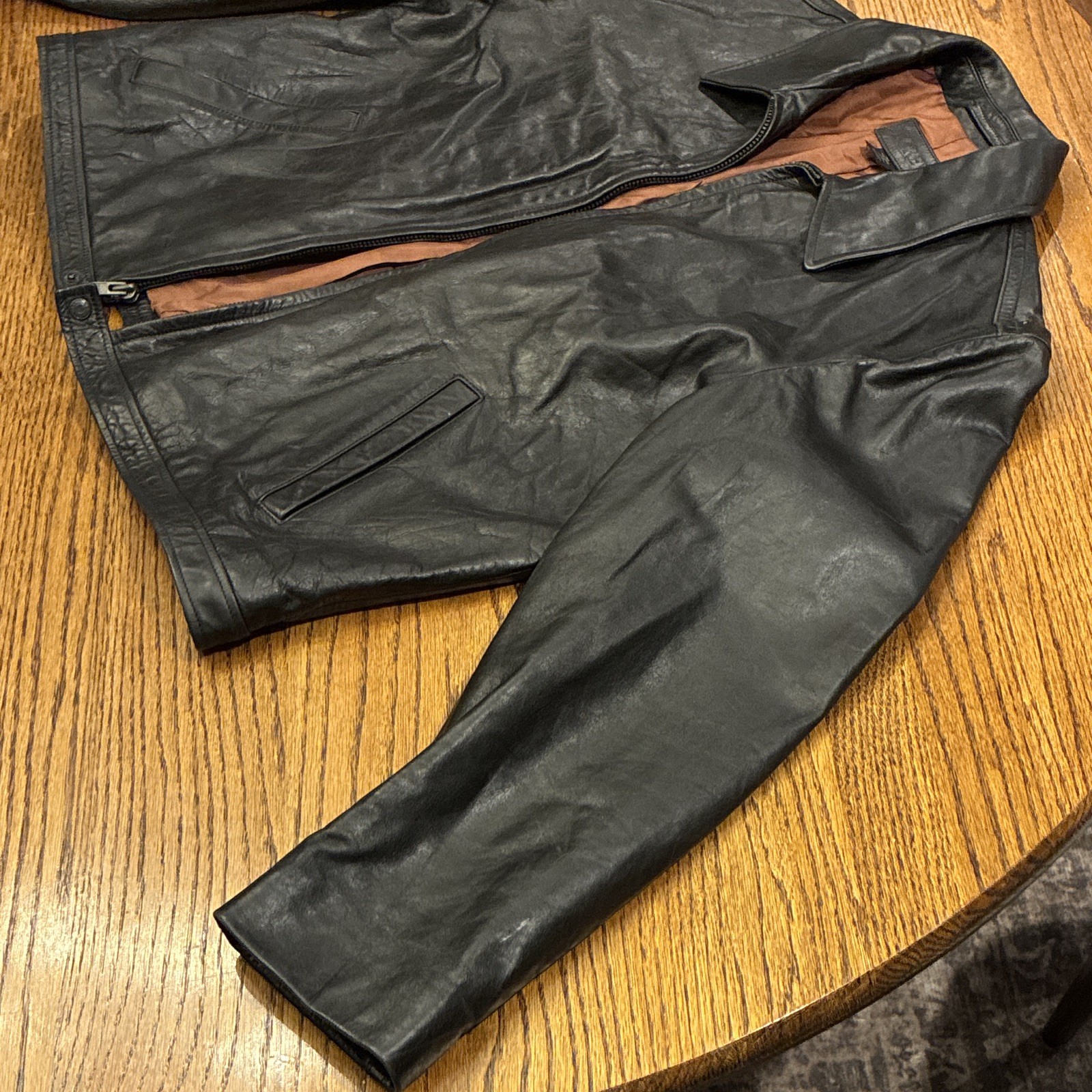 J.CREW Men’s XL Black Leather Jacket Lined Zip/Button Point Collar Pockets