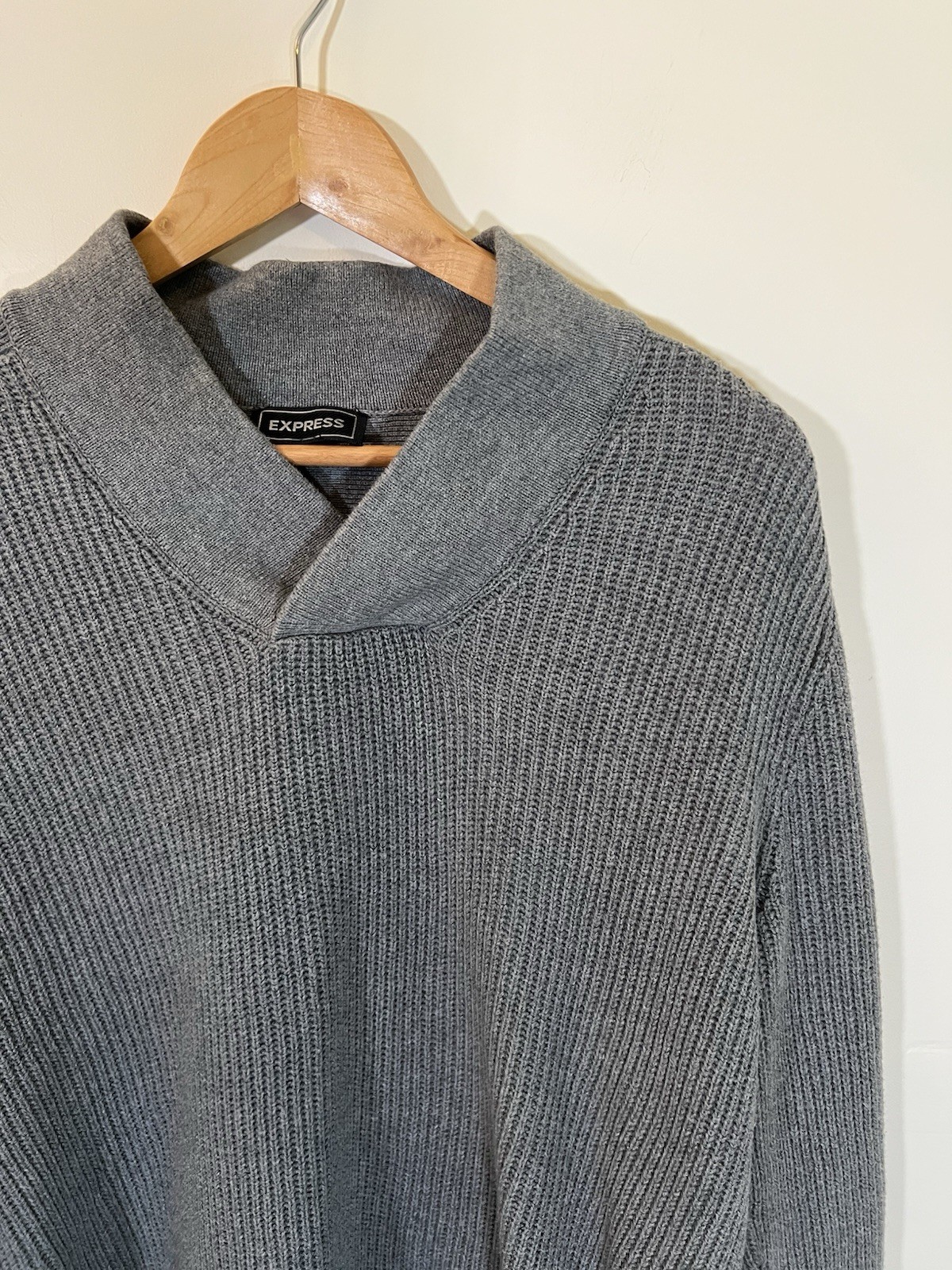Express Mens Gray Shawl Collar Sweater 100% Cotton Ribbed Knit Pullover