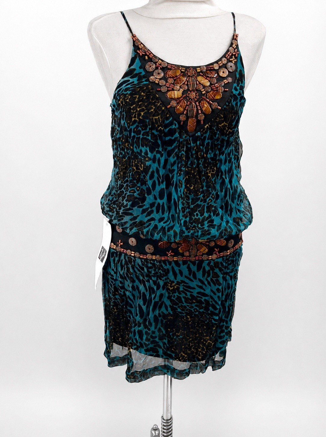 Vintage Sue Wong Turquoise Black Animal Print Beaded Sheath Dress C9305 Size 0