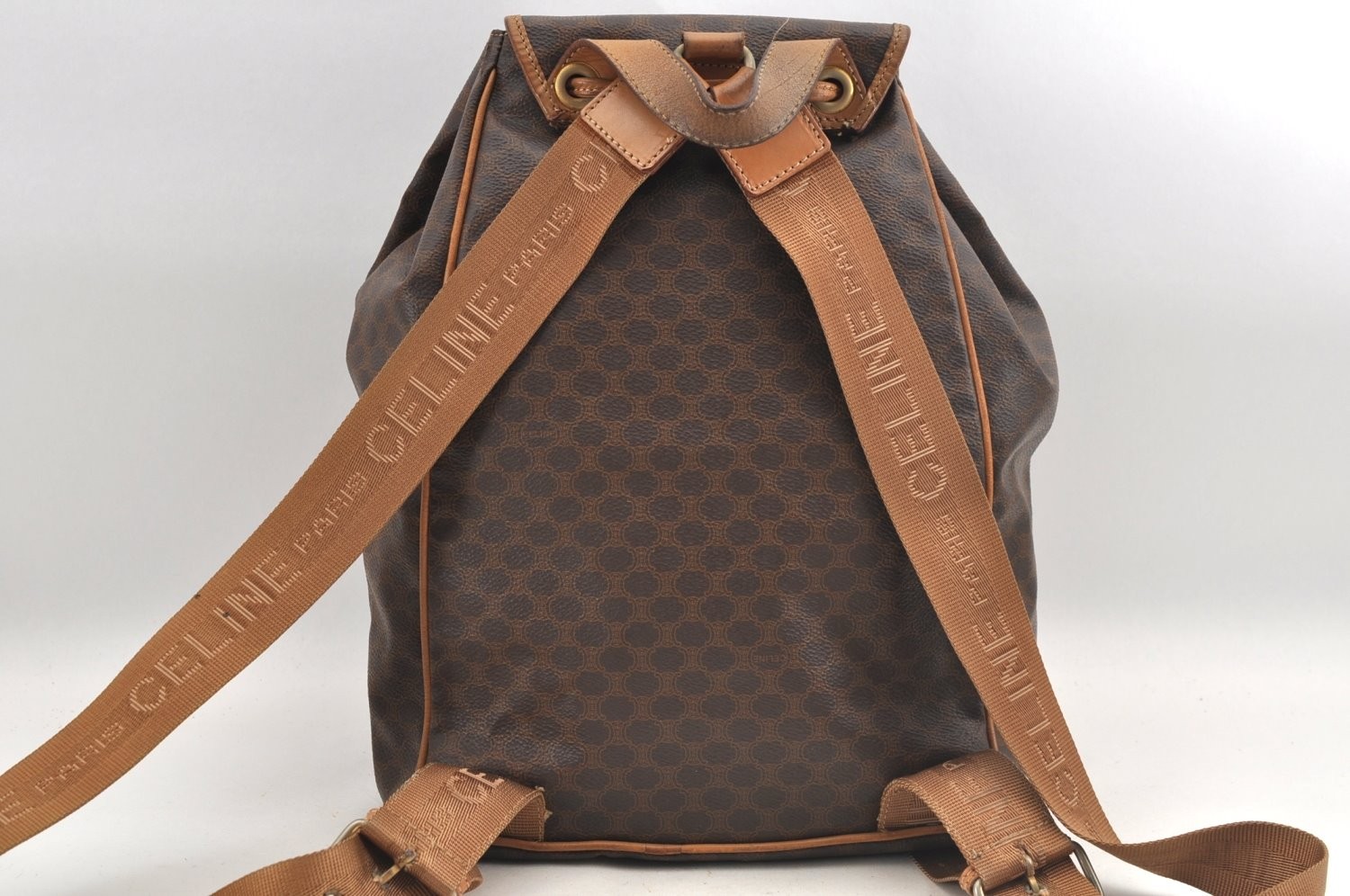 Authentic CELINE Macadam Blason Pattern Backpack PVC Leather Brown AB587
