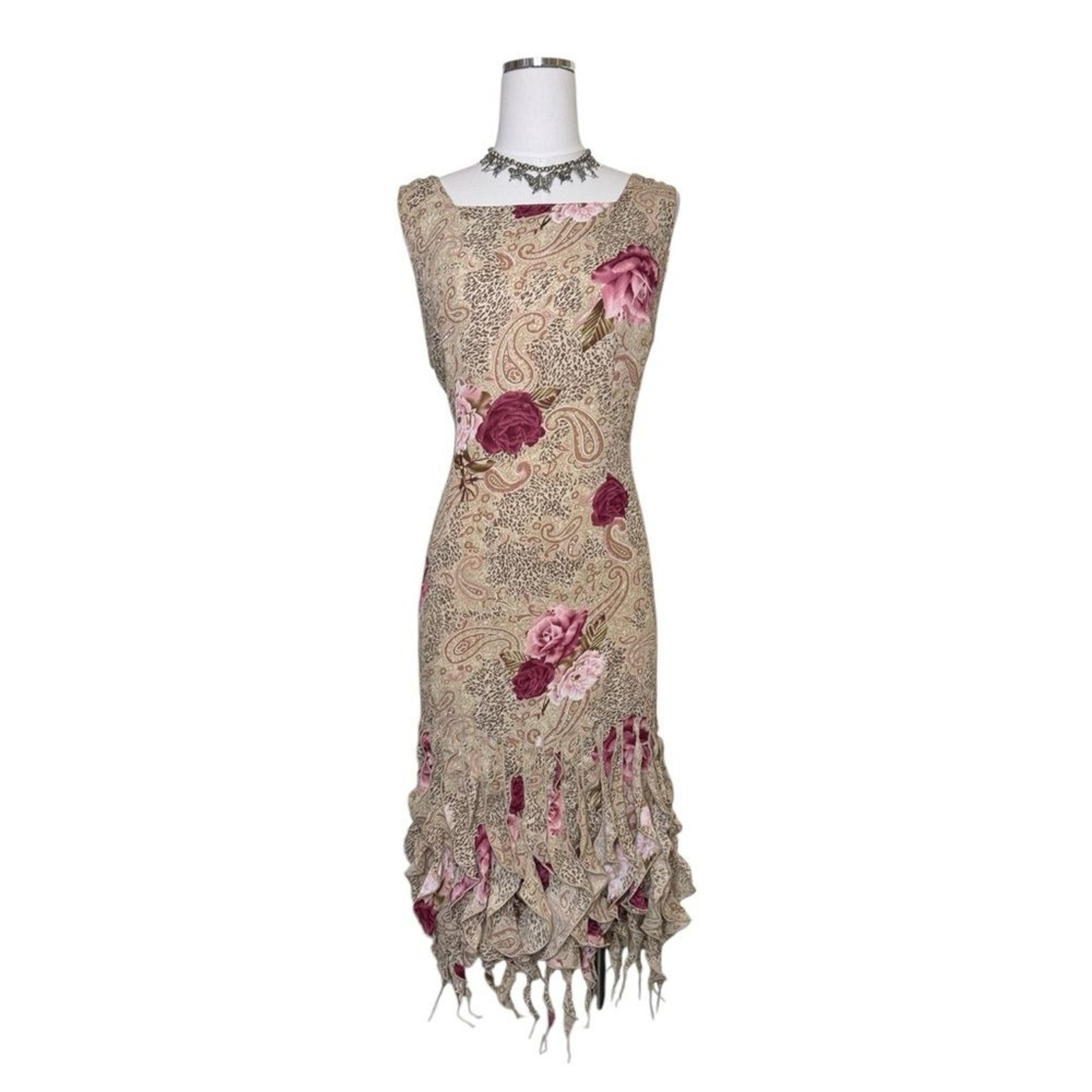 Y2K Dress U by Sharon Animal Print, Rose + Paisley Beige Midi Dress Size 16