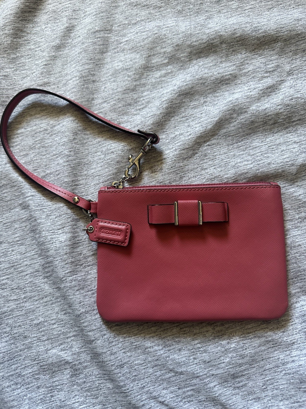 Coach Pink Crossgrain Leather Bow Wristlet Pouch Clutch Wallet