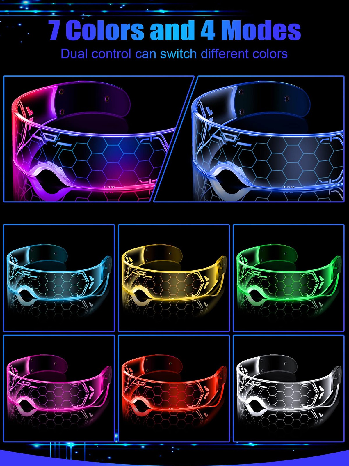 TOODOO 2 Pairs LED Visor Glasses 7 Colors as shown in the picture, Multicolor