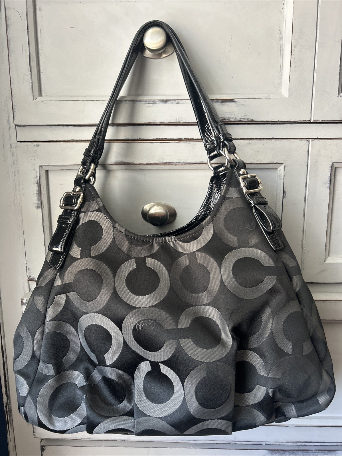 COACH C1276-20244 Madison Tote Black Patent Leather Canvas Blue Sateen Interior