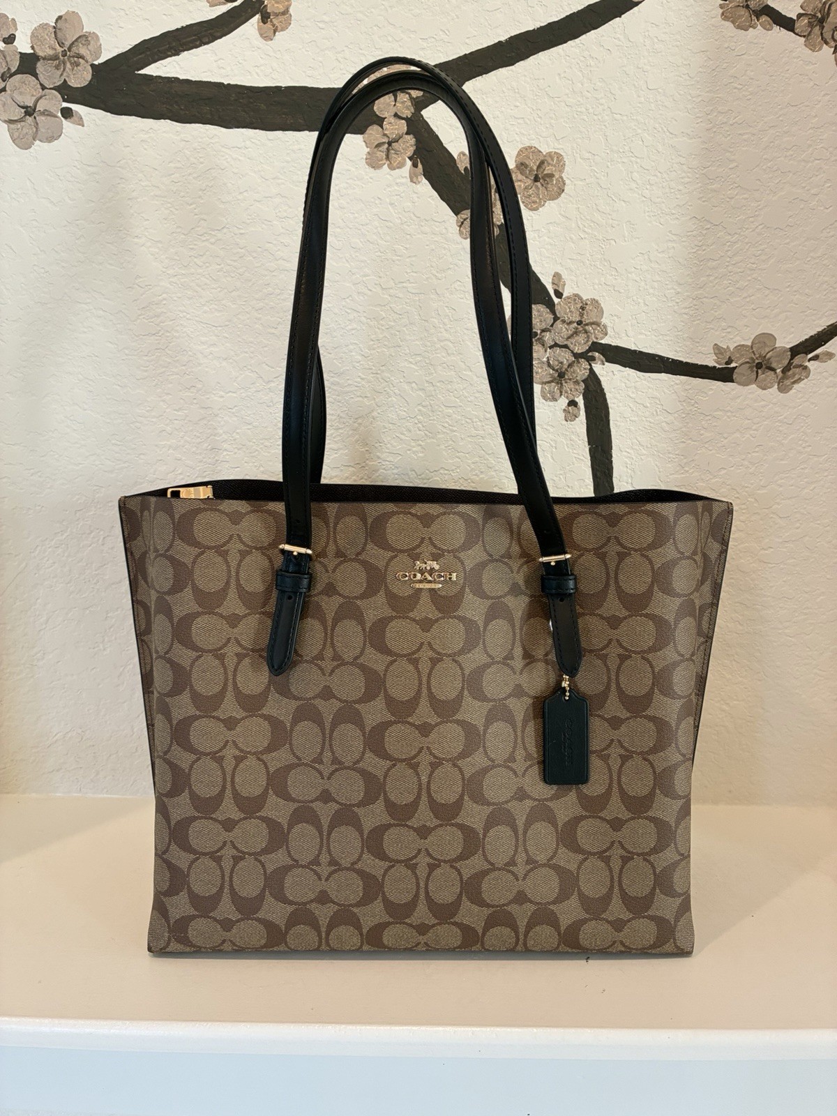 Coach Mollie Leather Tote Shoulder In Signature Monogram Brown/black/gold