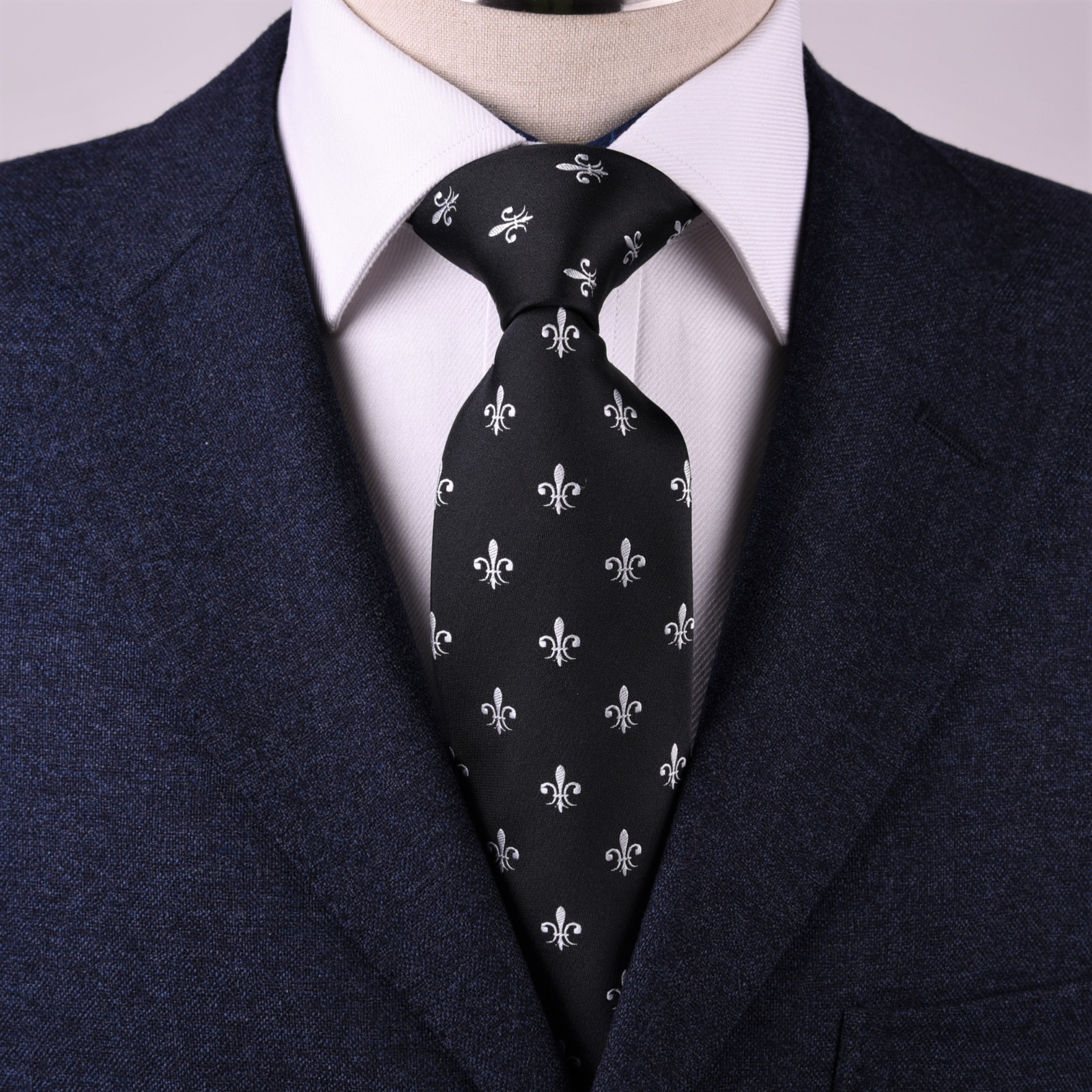 Black Italian Fleur-De-Lis White Designer Tie 8cm Necktie Mens Accessory Fashion