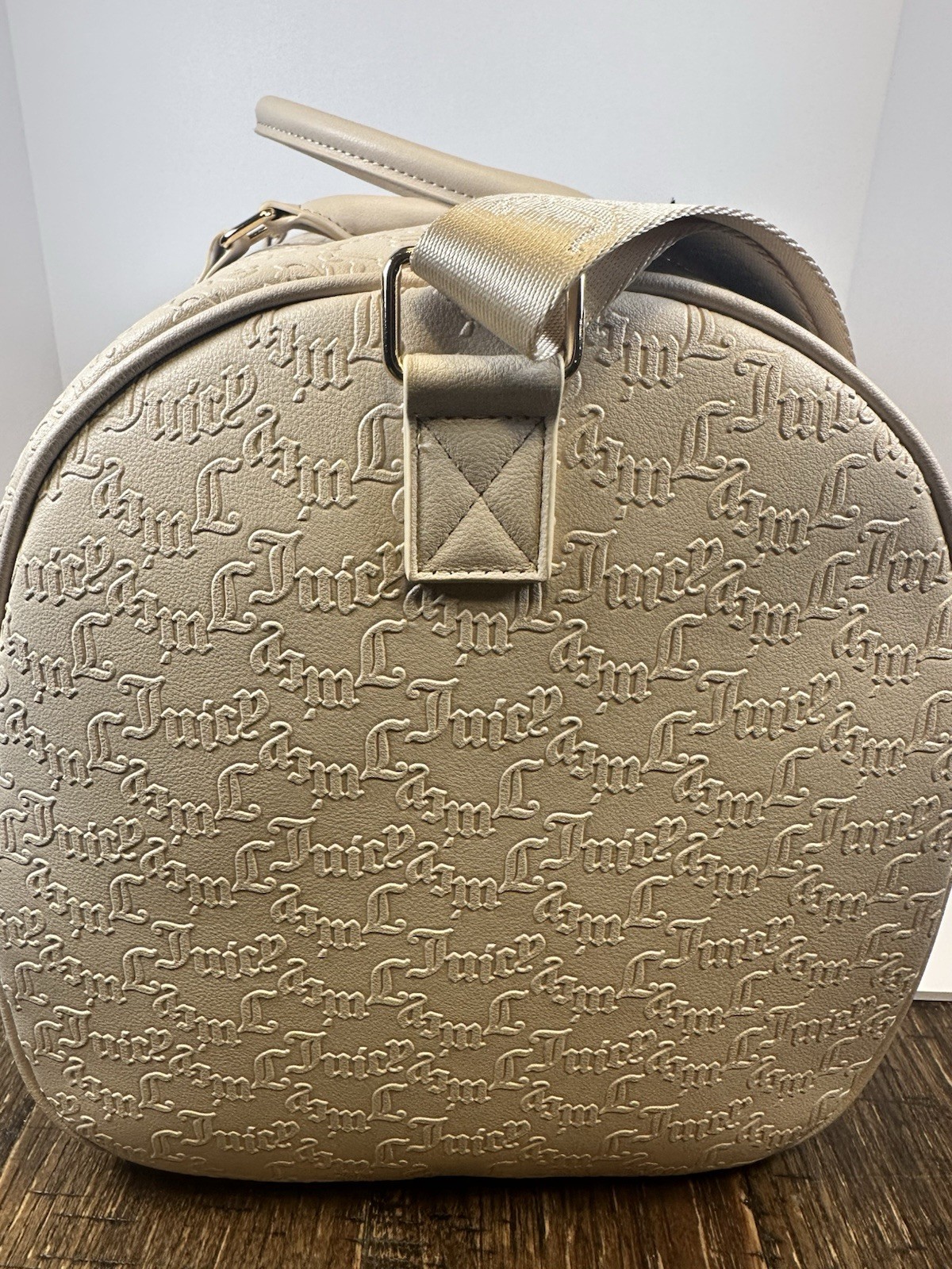 Juicy Couture Cream Embossed Monogram Duffle Bag Rhinestone J Charm NWT