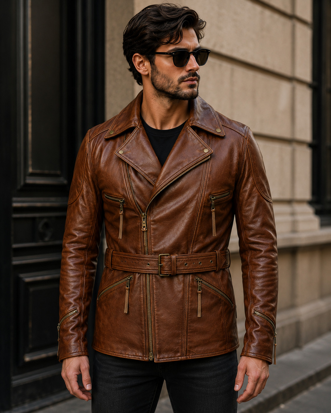 Mens Brown Vexes Long Leather Biker Jacket Motorcycle Genuine Leather Coat