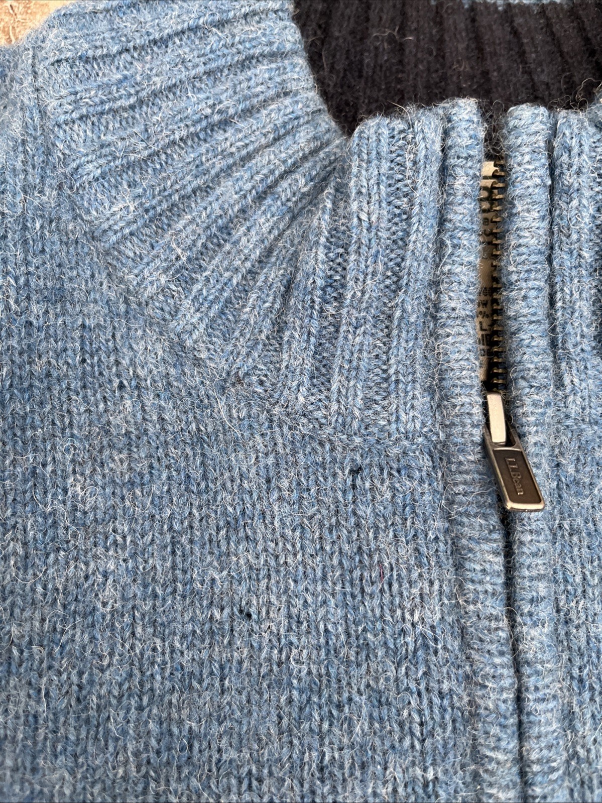 LL Bean Mens 100% Wool Shetland Sweater 1/4 Zip Pullover Elbow Patch Blue Size L